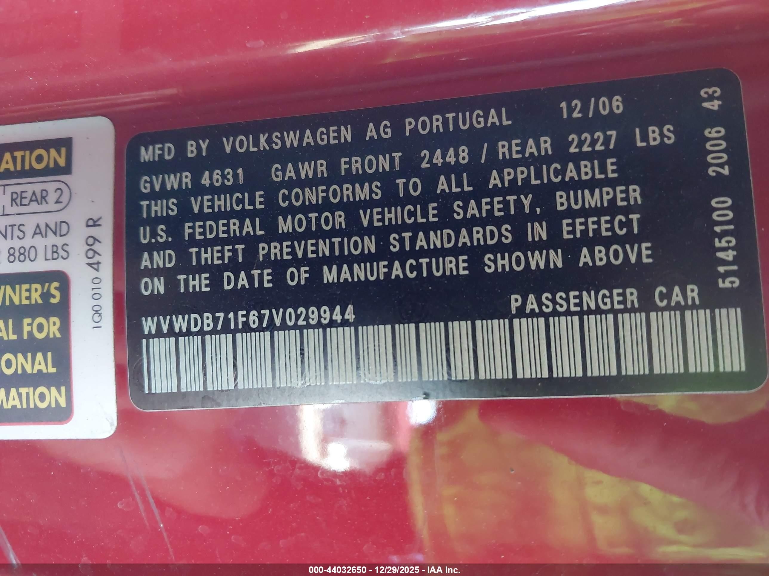 2007 Volkswagen Eos 3.2l Maroon vin: WVWDB71F67V029944