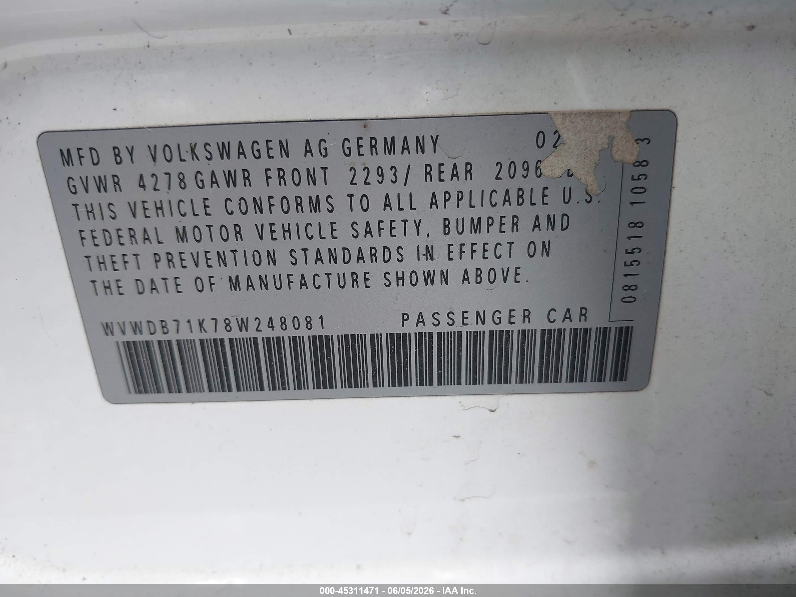 2008 Volkswagen Rabbit S White vin: WVWDB71K78W248081