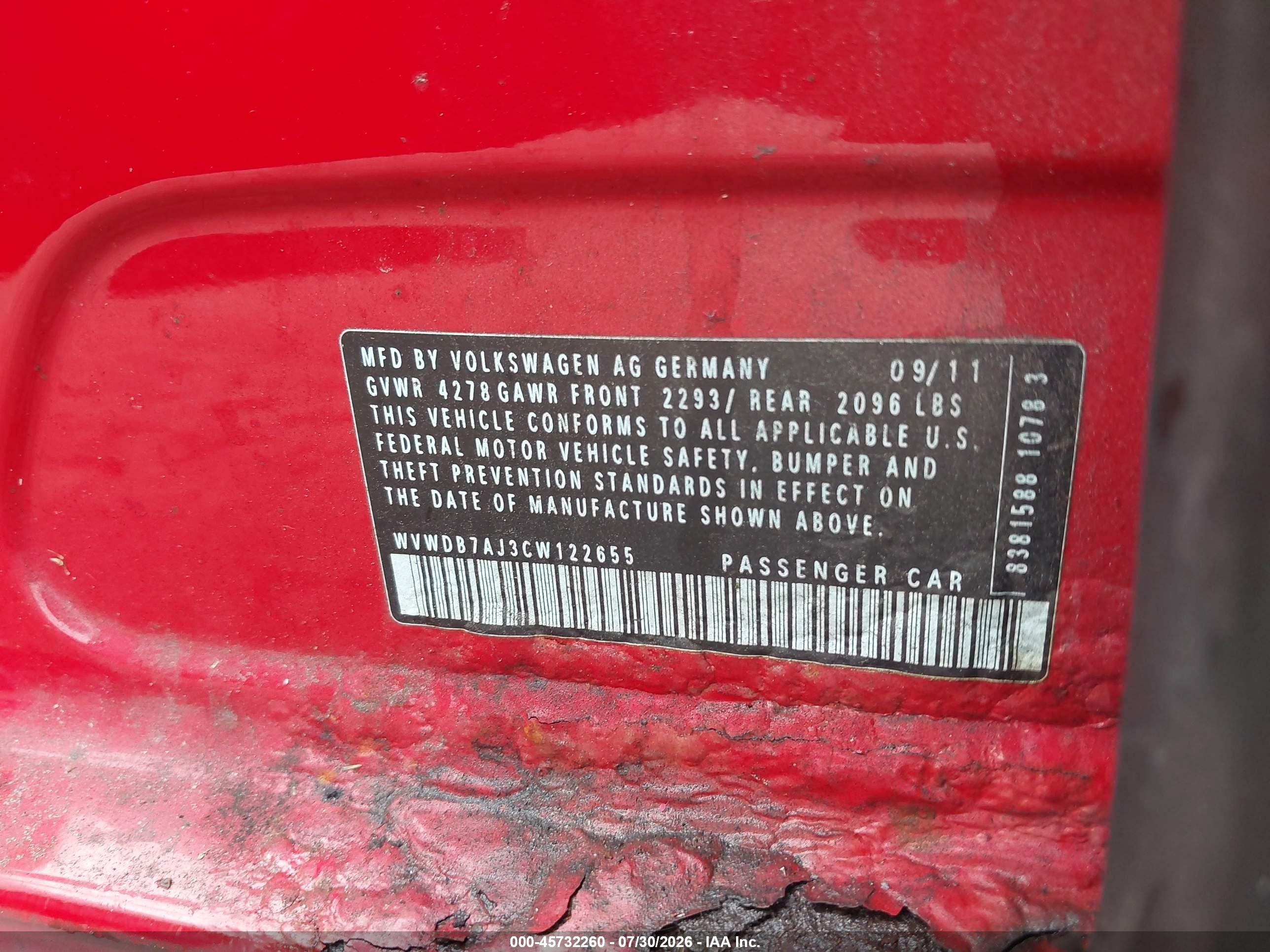 2012 Volkswagen Golf 2.5l 4-door Red vin: WVWDB7AJ3CW122655