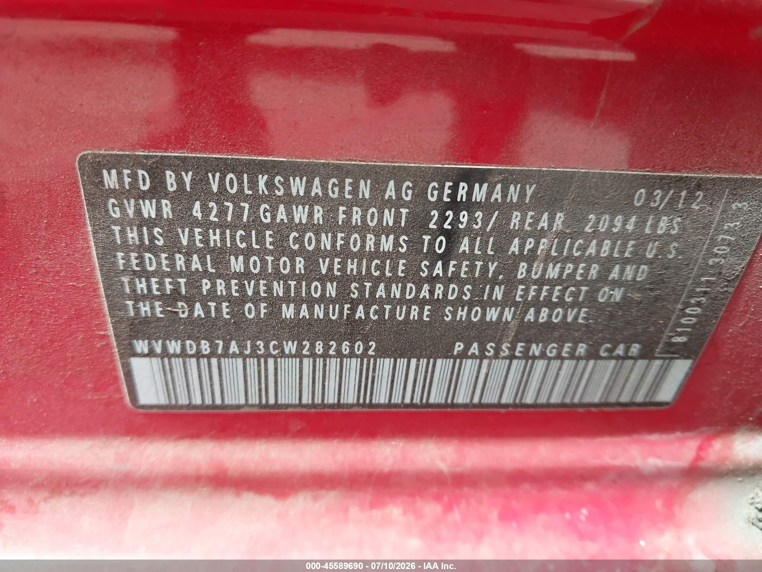 2012 Volkswagen Golf 2.5l 4-door Red vin: WVWDB7AJ3CW282602