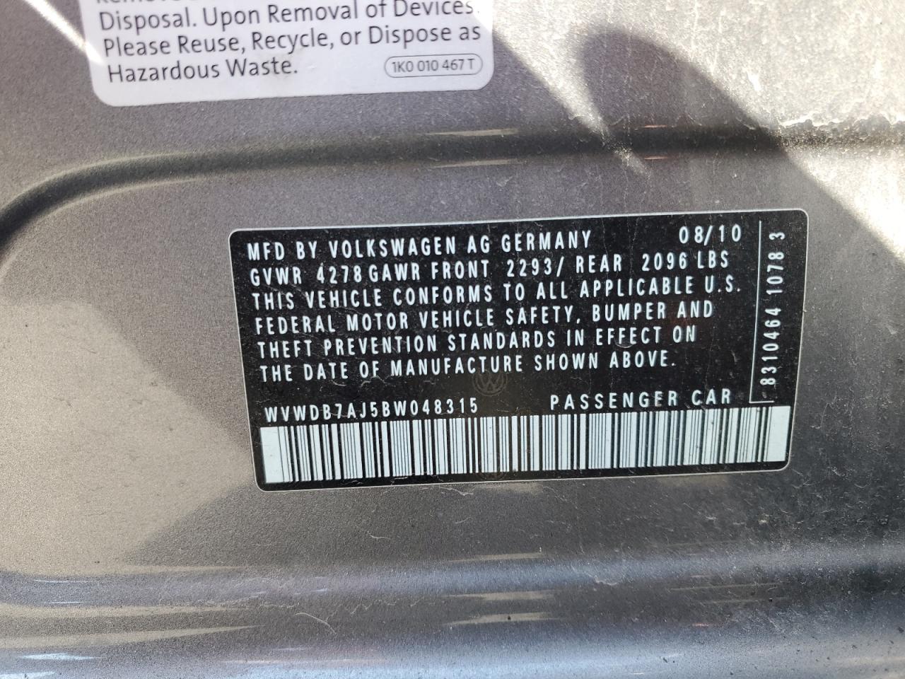 2011 Volkswagen Golf Gray vin: WVWDB7AJ5BW048315