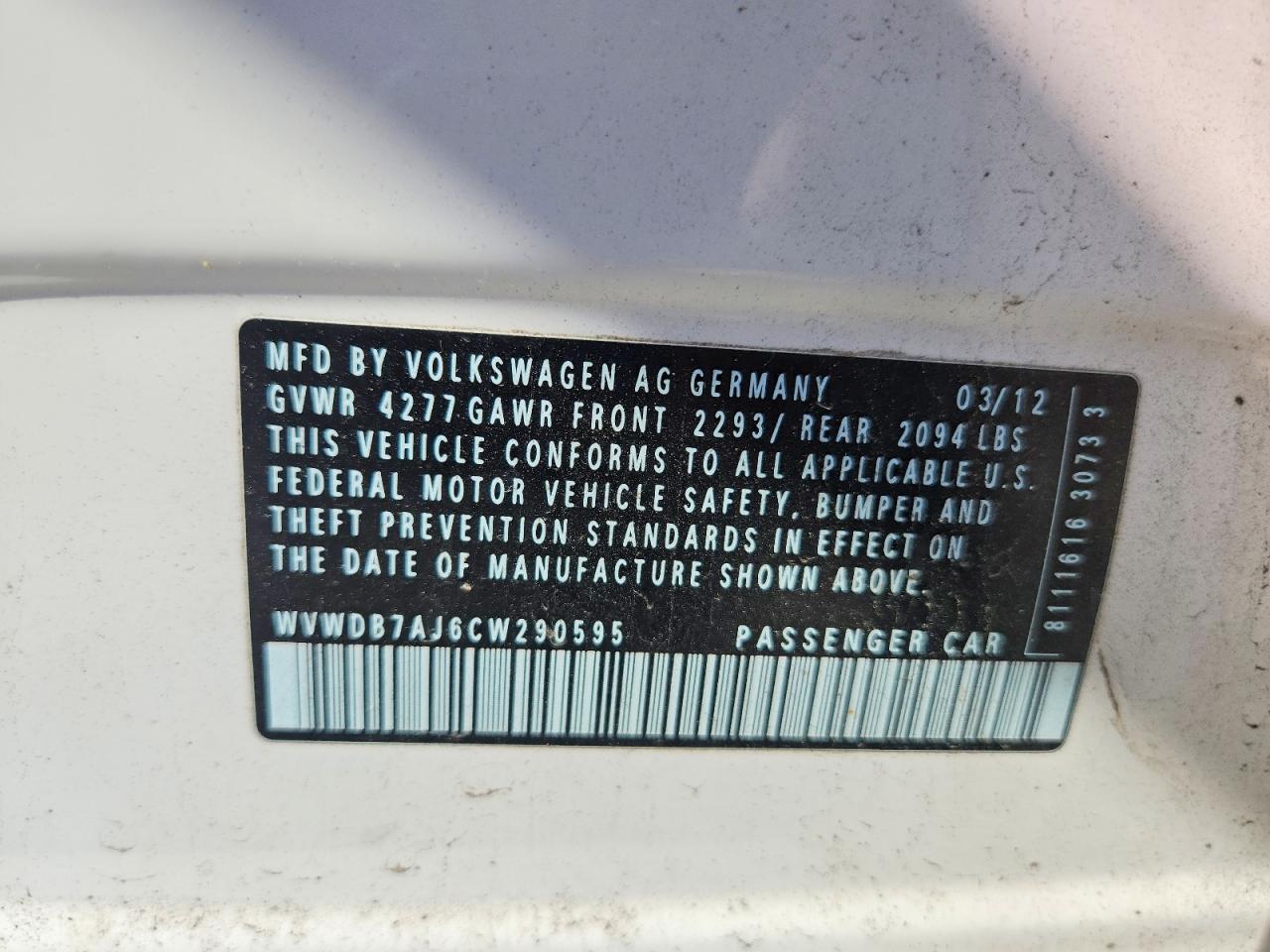 2012 Volkswagen Golf White vin: WVWDB7AJ6CW290595