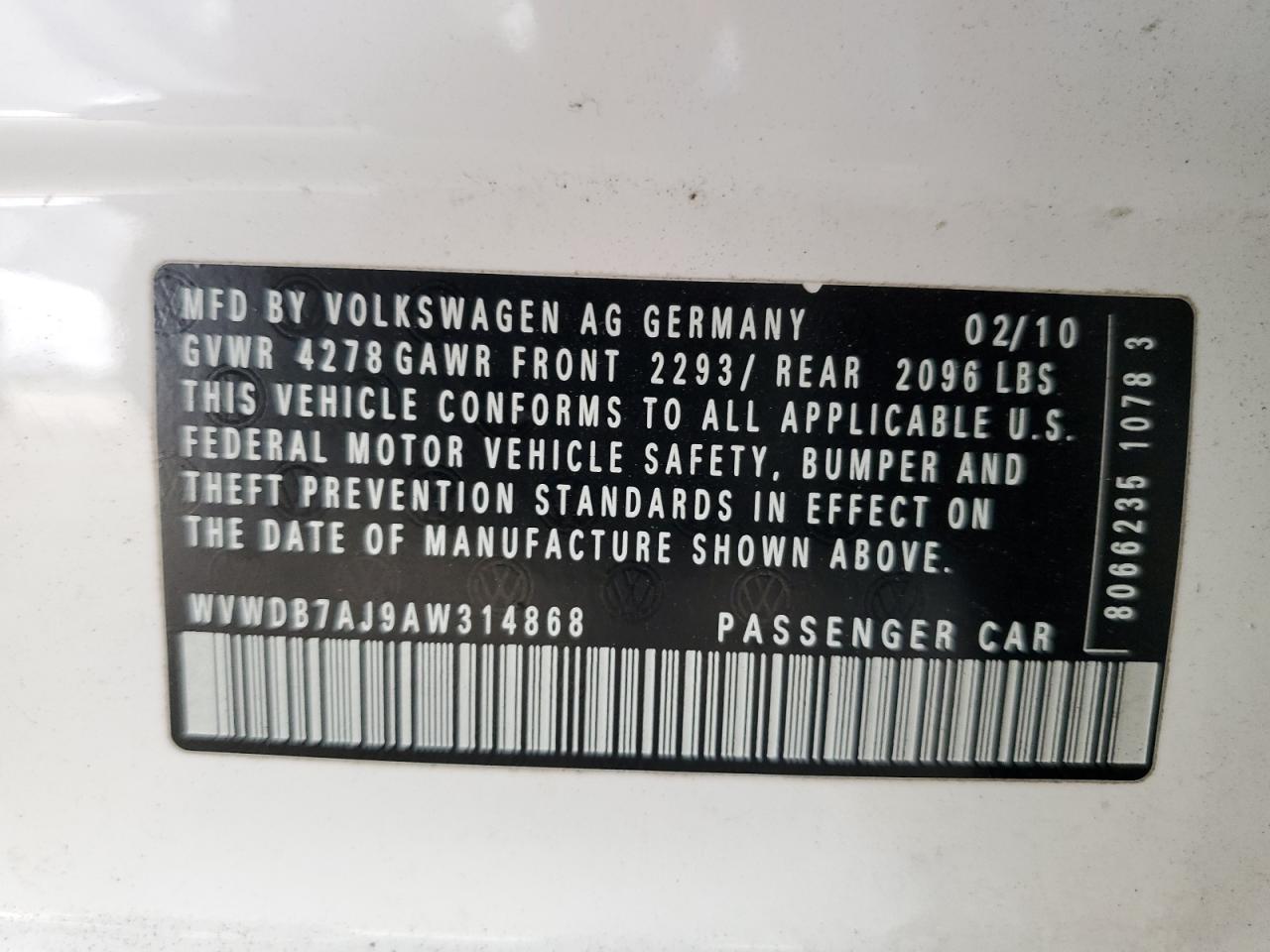 2010 Volkswagen Golf Белый vin: WVWDB7AJ9AW314868