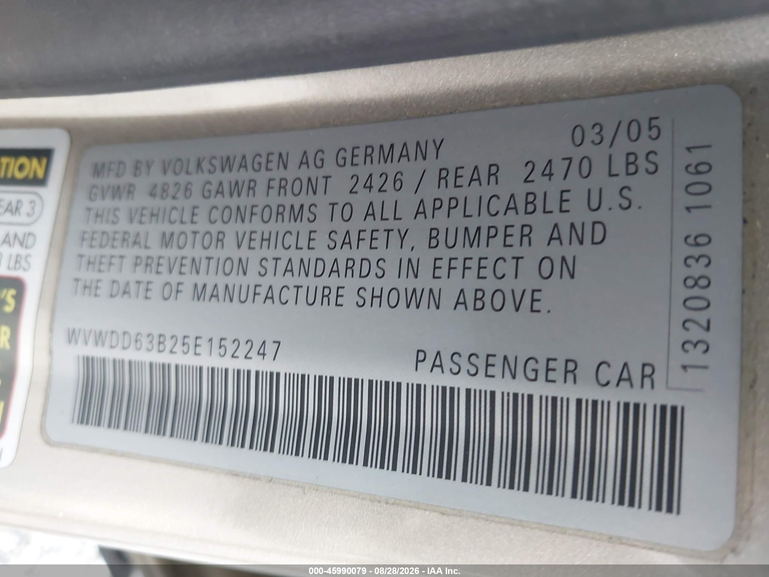 2005 Volkswagen Passat Gls Champagne vin: WVWDD63B25E152247