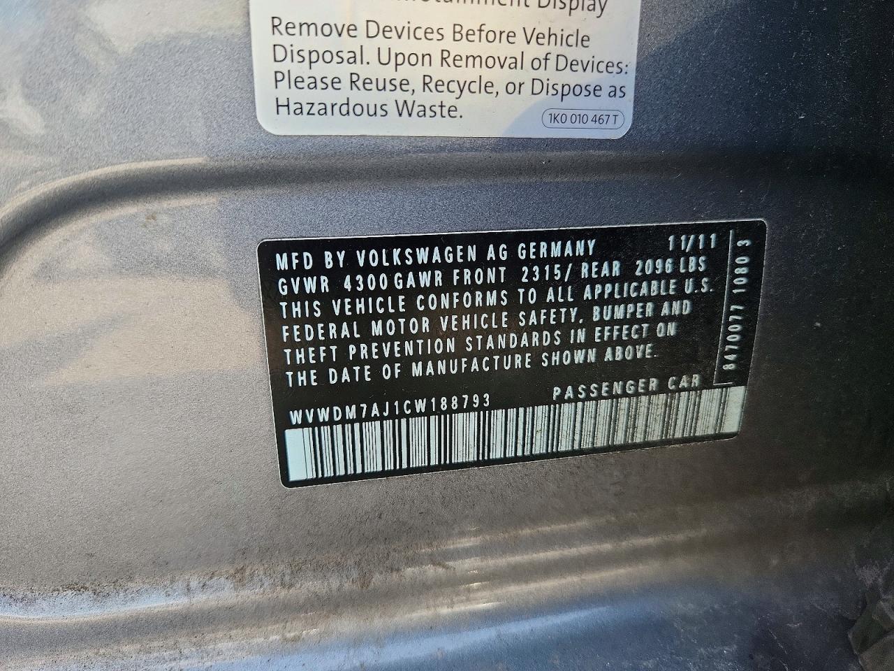 2012 Volkswagen Golf Gray vin: WVWDM7AJ1CW188793