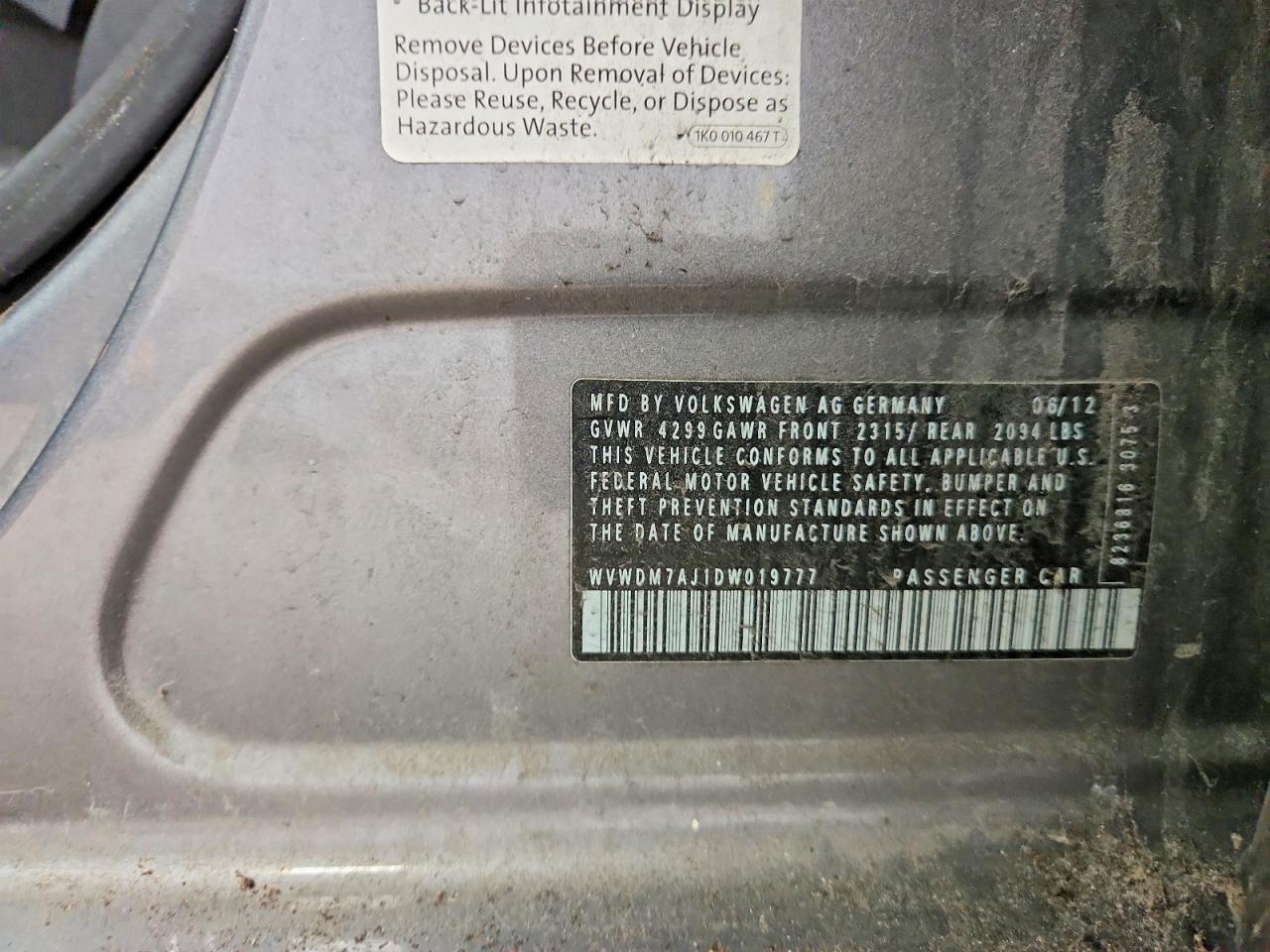 2013 Volkswagen Golf Gray vin: WVWDM7AJ1DW019777