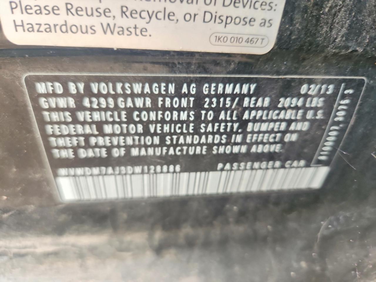 2013 Volkswagen Golf Black vin: WVWDM7AJ3DW128886