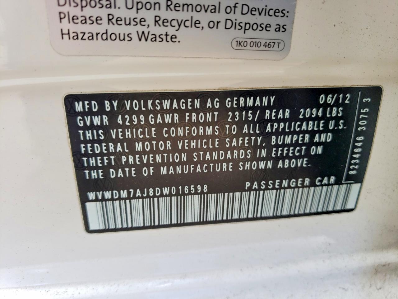 2013 Volkswagen Golf White vin: WVWDM7AJ8DW016598