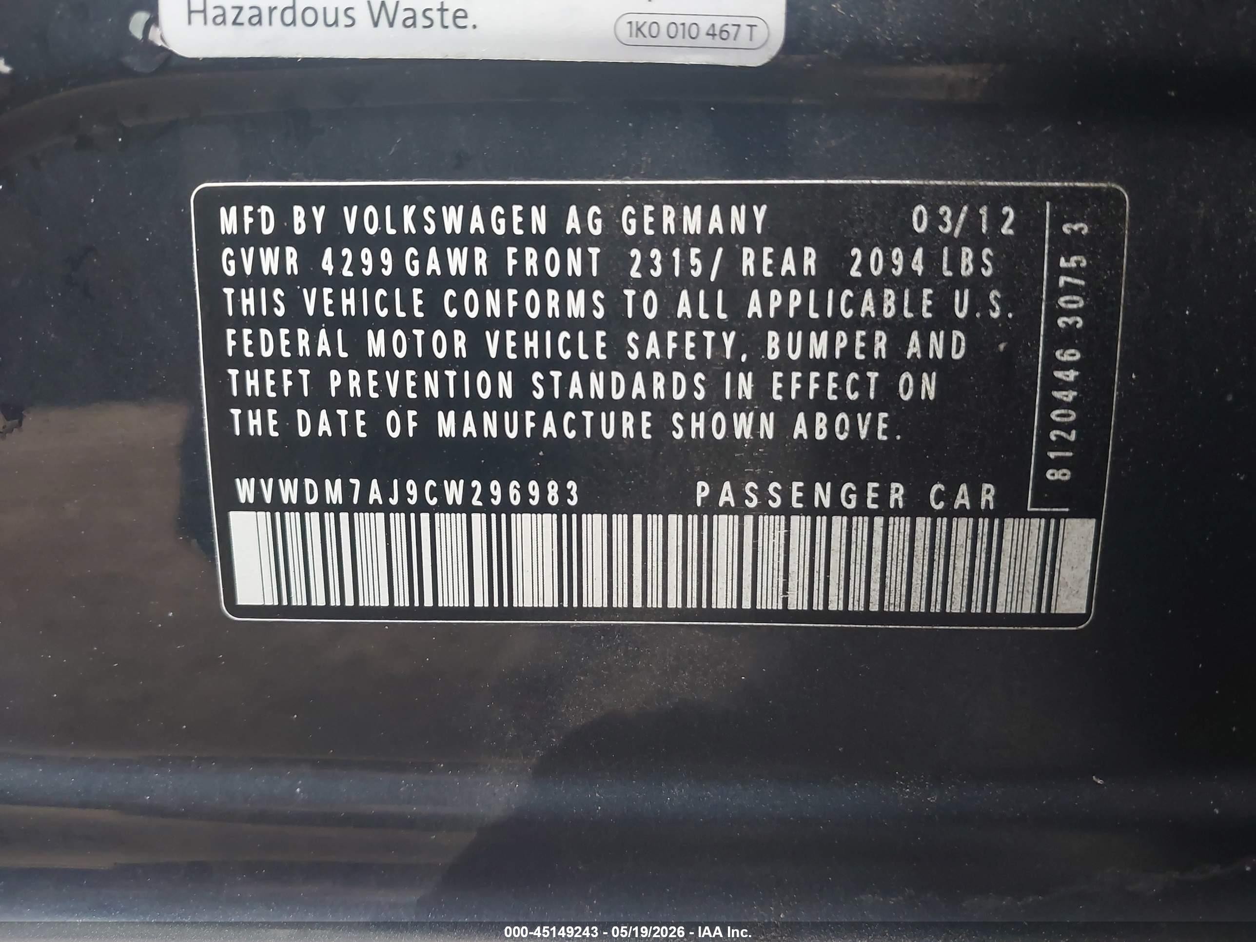 2012 Volkswagen Golf Tdi 4-door Dark Blue vin: WVWDM7AJ9CW296983