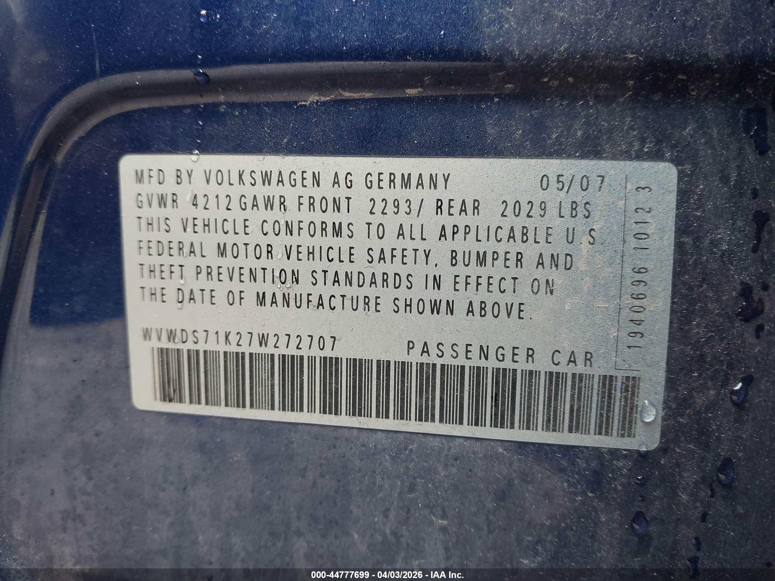 2007 Volkswagen Rabbit 4-door Blue vin: WVWDS71K27W272707