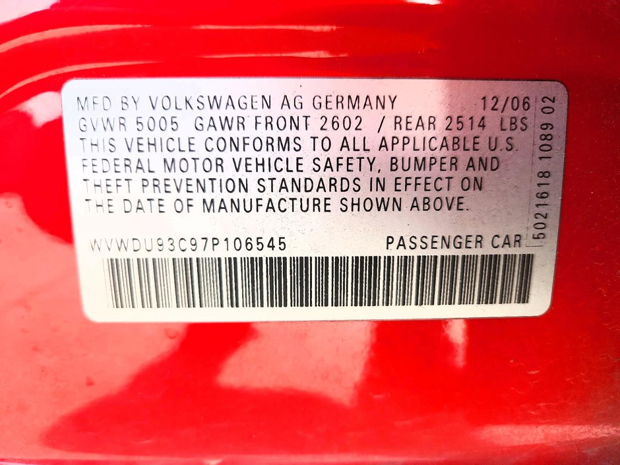 2007 Volkswagen Passat 3.6l 4motion Sport Red vin: WVWDU93C97P106545