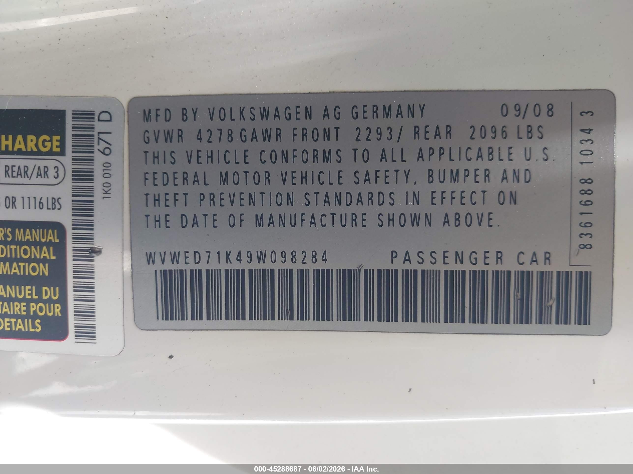 2009 Volkswagen Gti 2-door White vin: WVWED71K49W098284