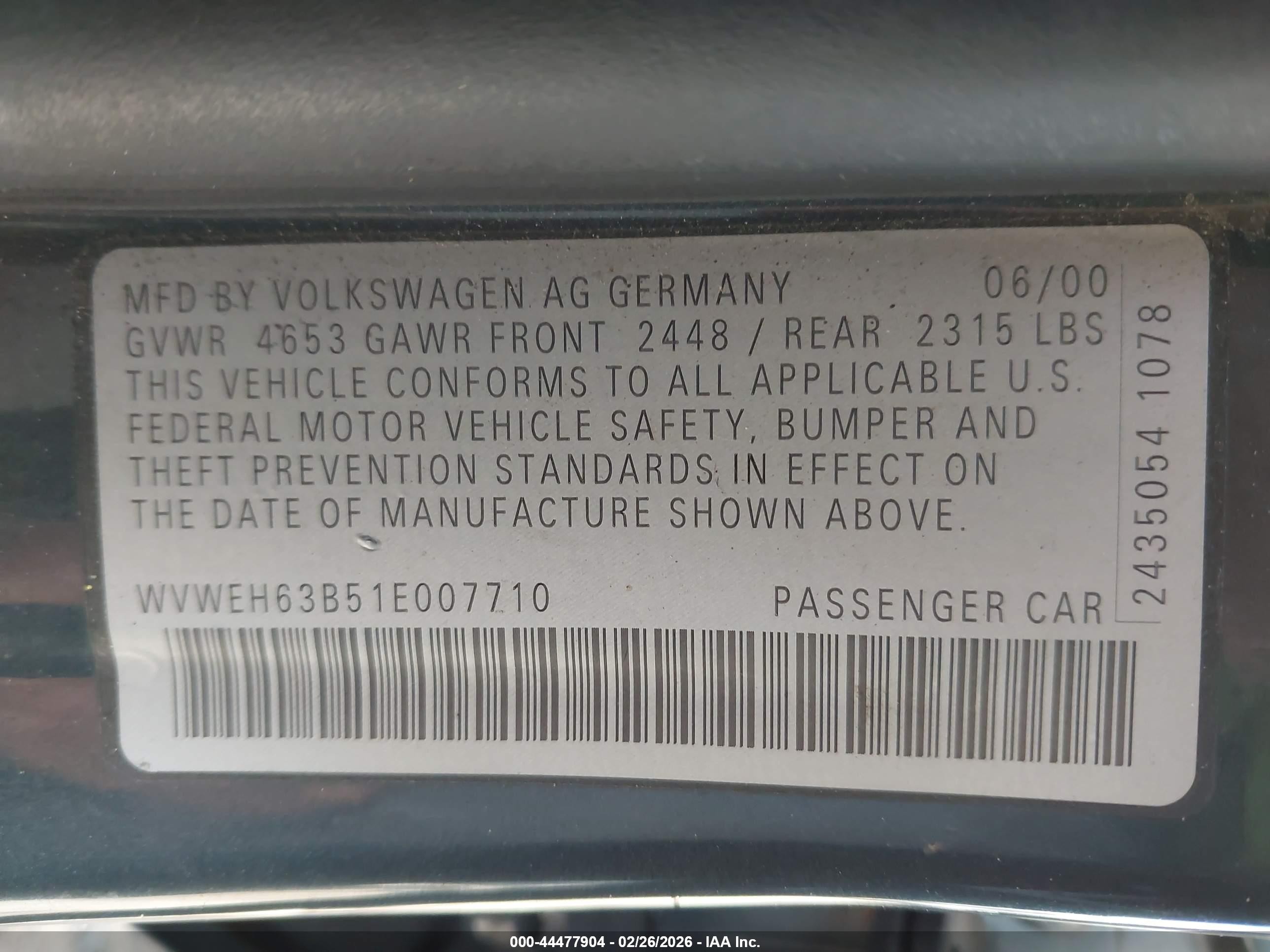 2001 Volkswagen Passat Glx Серый vin: WVWEH63B51E007710