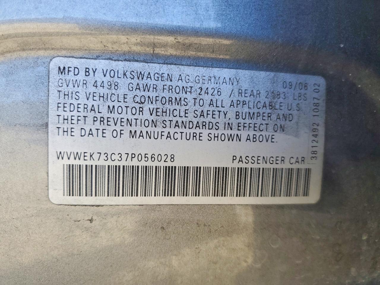 2007 Volkswagen Passat 2.0t Luxury Leather Gray vin: WVWEK73C37P056028