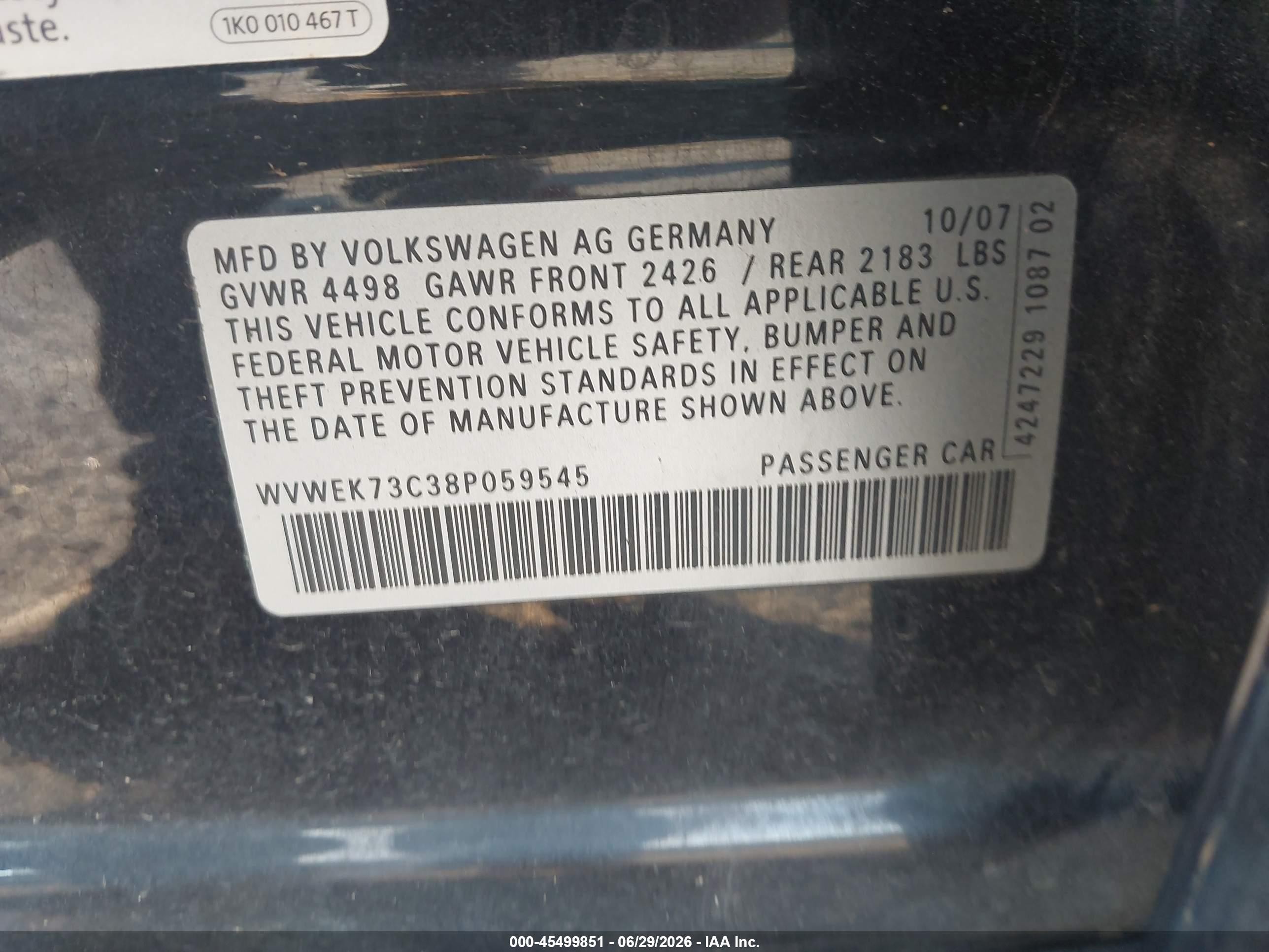 2008 Volkswagen Passat Lux Black vin: WVWEK73C38P059545