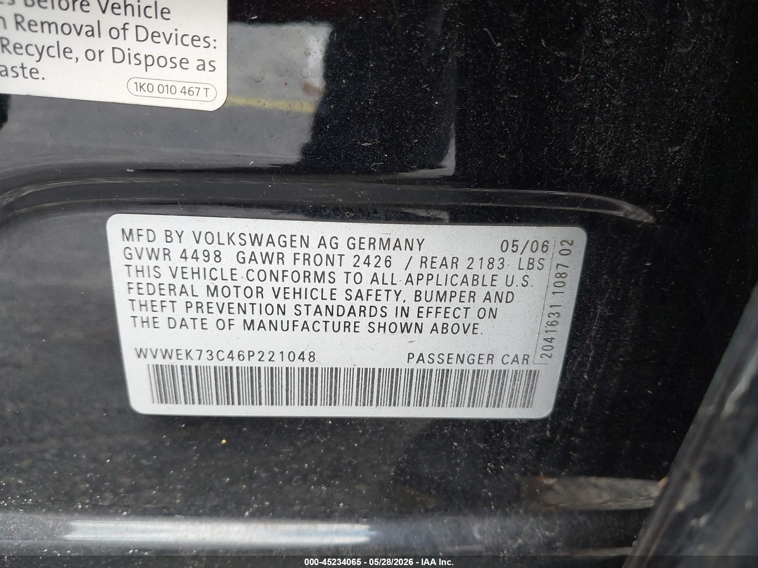 2006 Volkswagen Passat 2.0t Black vin: WVWEK73C46P221048
