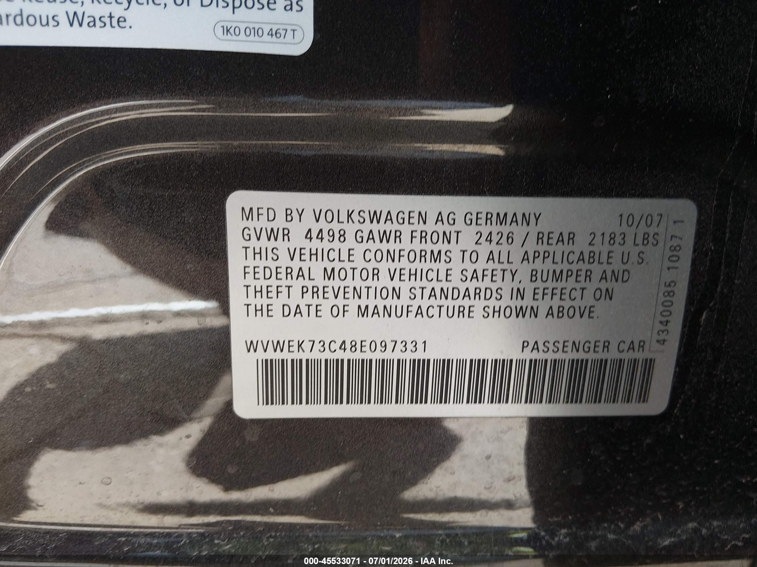 2008 Volkswagen Passat Lux Gray vin: WVWEK73C48E097331