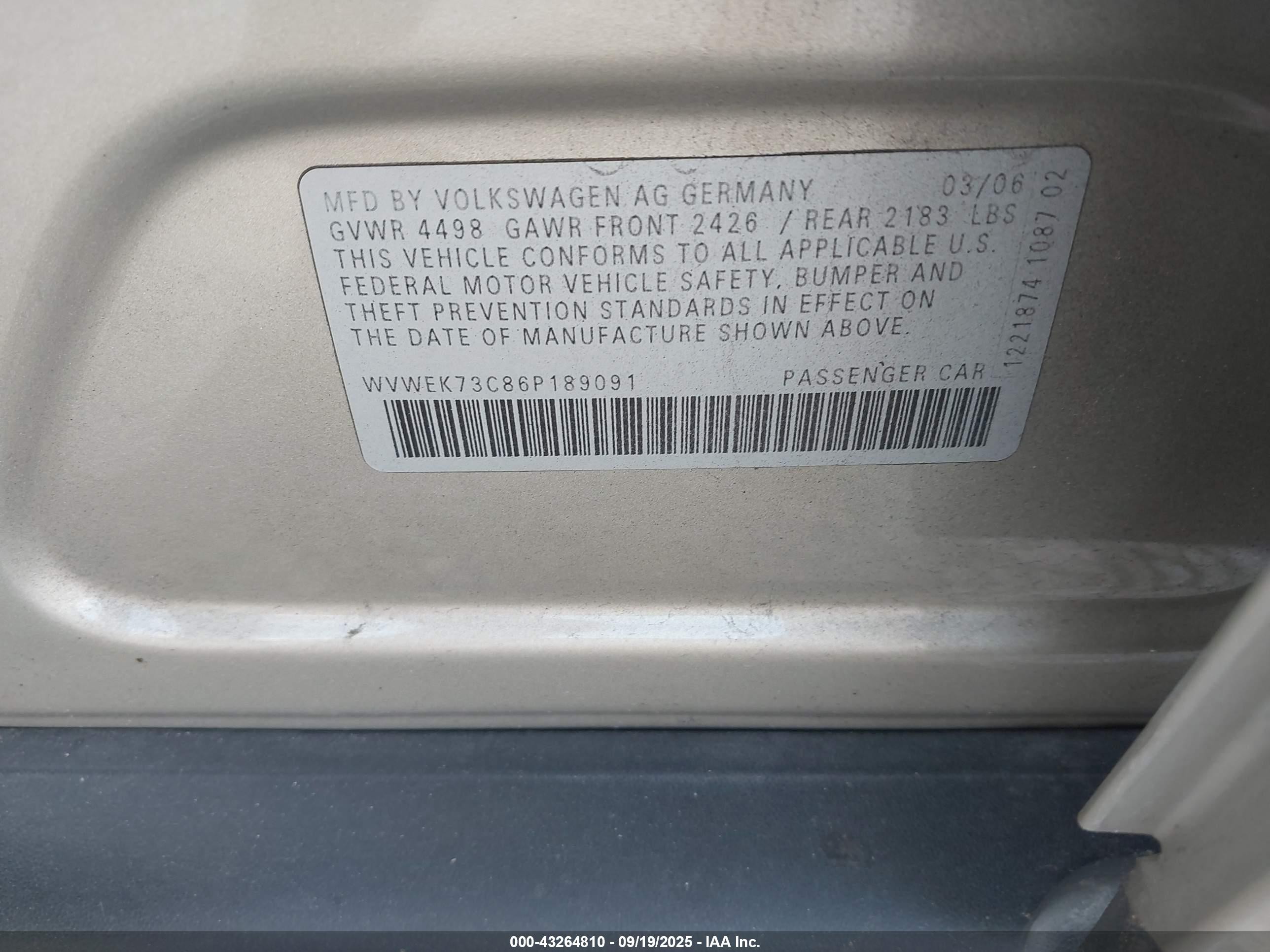 2006 Volkswagen Passat 2.0t Silver vin: WVWEK73C86P189091