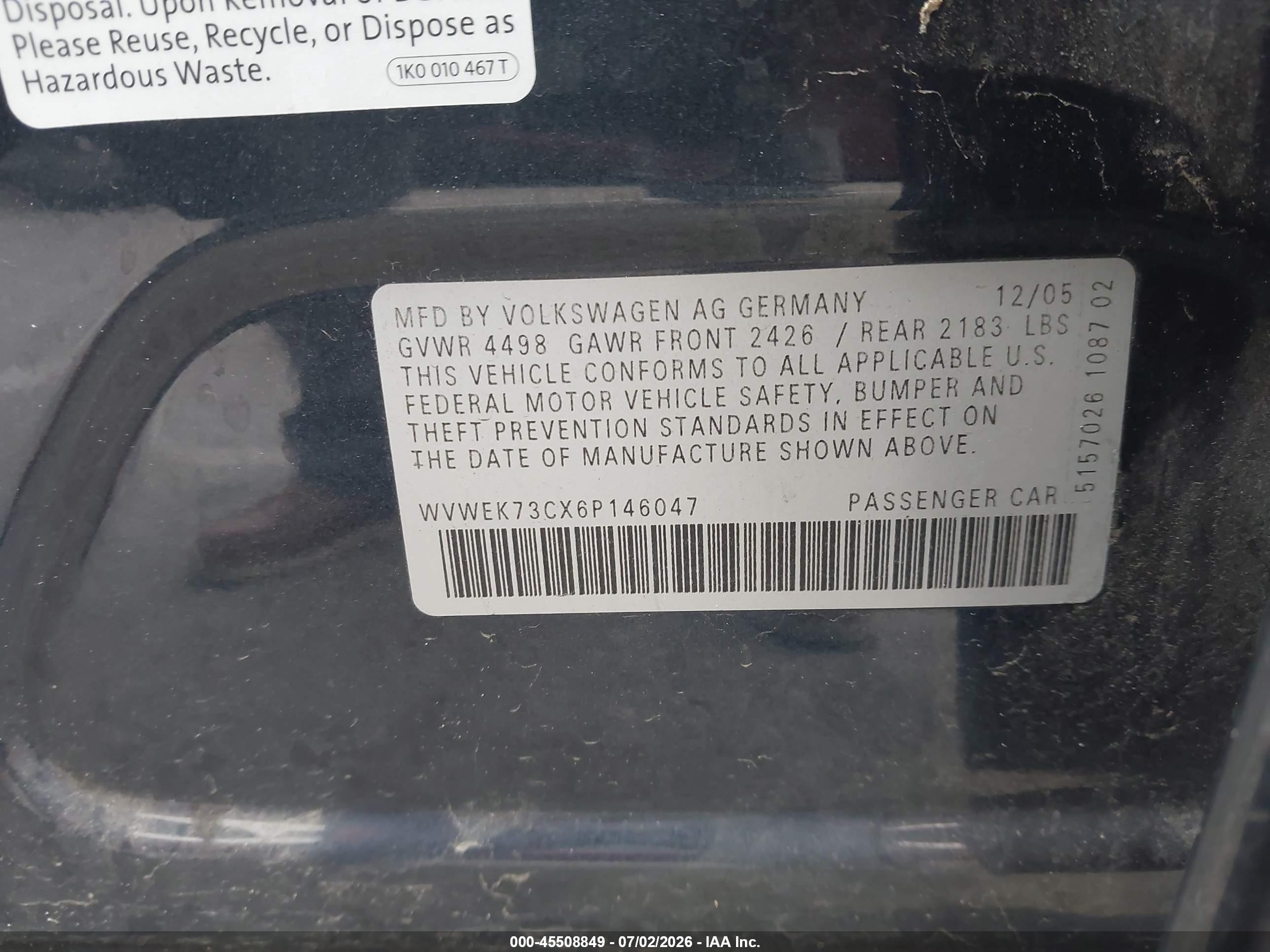 2006 Volkswagen Passat 2.0t Blue vin: WVWEK73CX6P146047