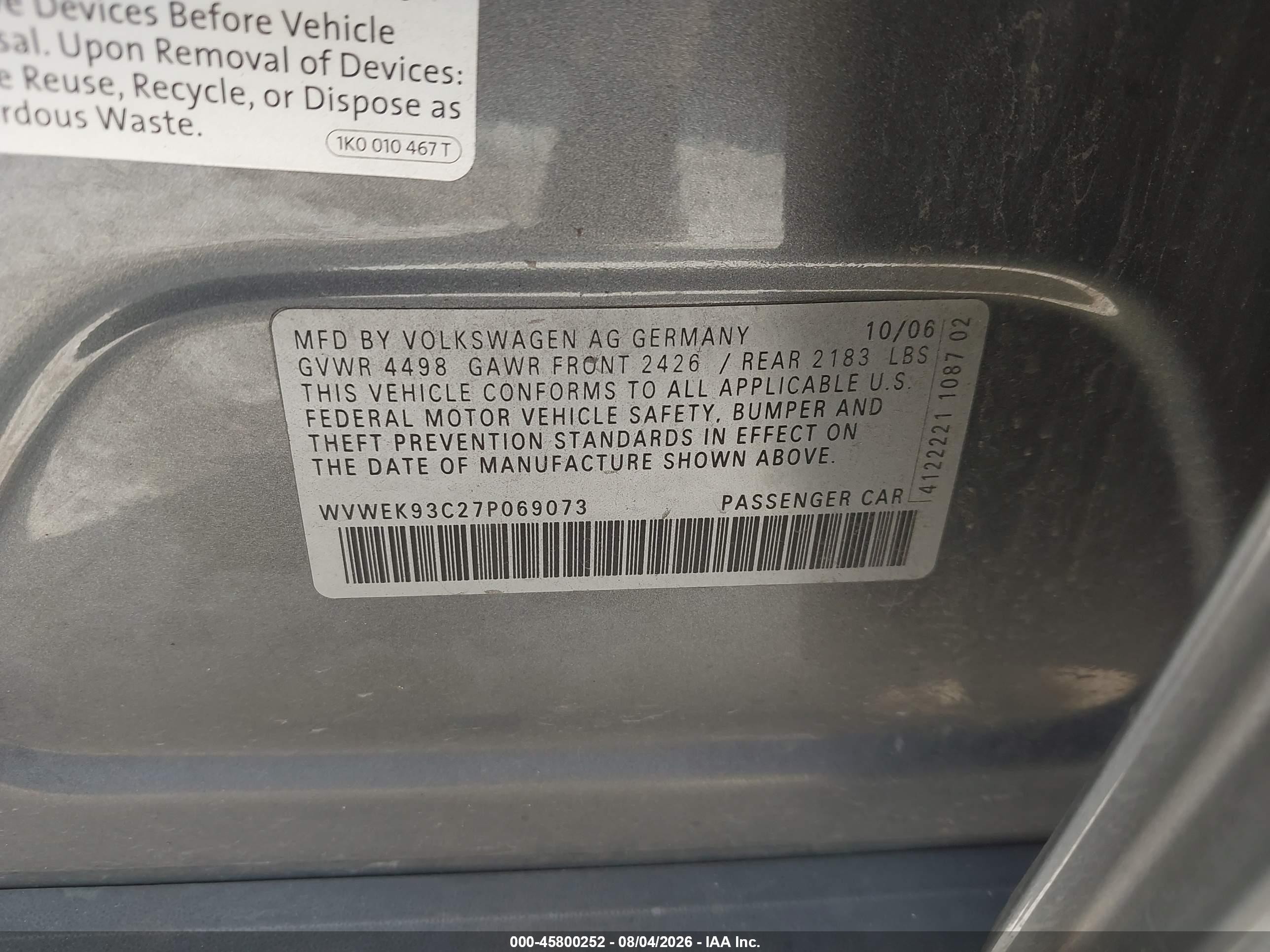 2007 Volkswagen Passat 2.0t Gray vin: WVWEK93C27P069073