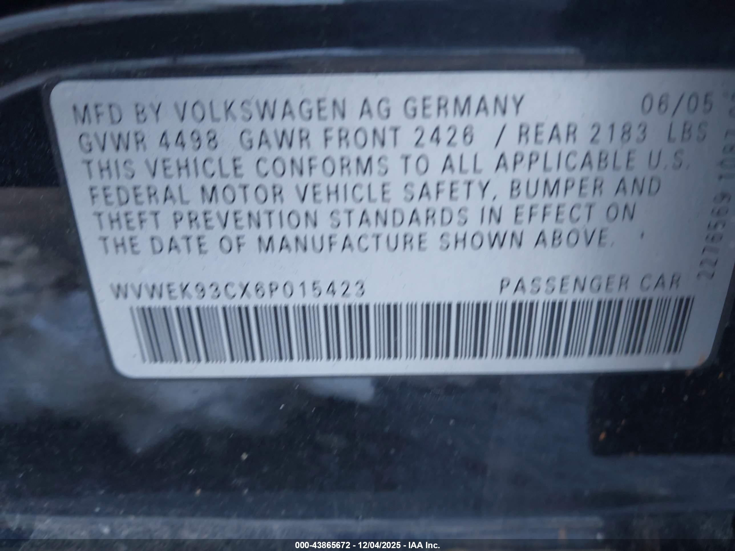 2006 Volkswagen Passat 2.0t Черный vin: WVWEK93CX6P015423
