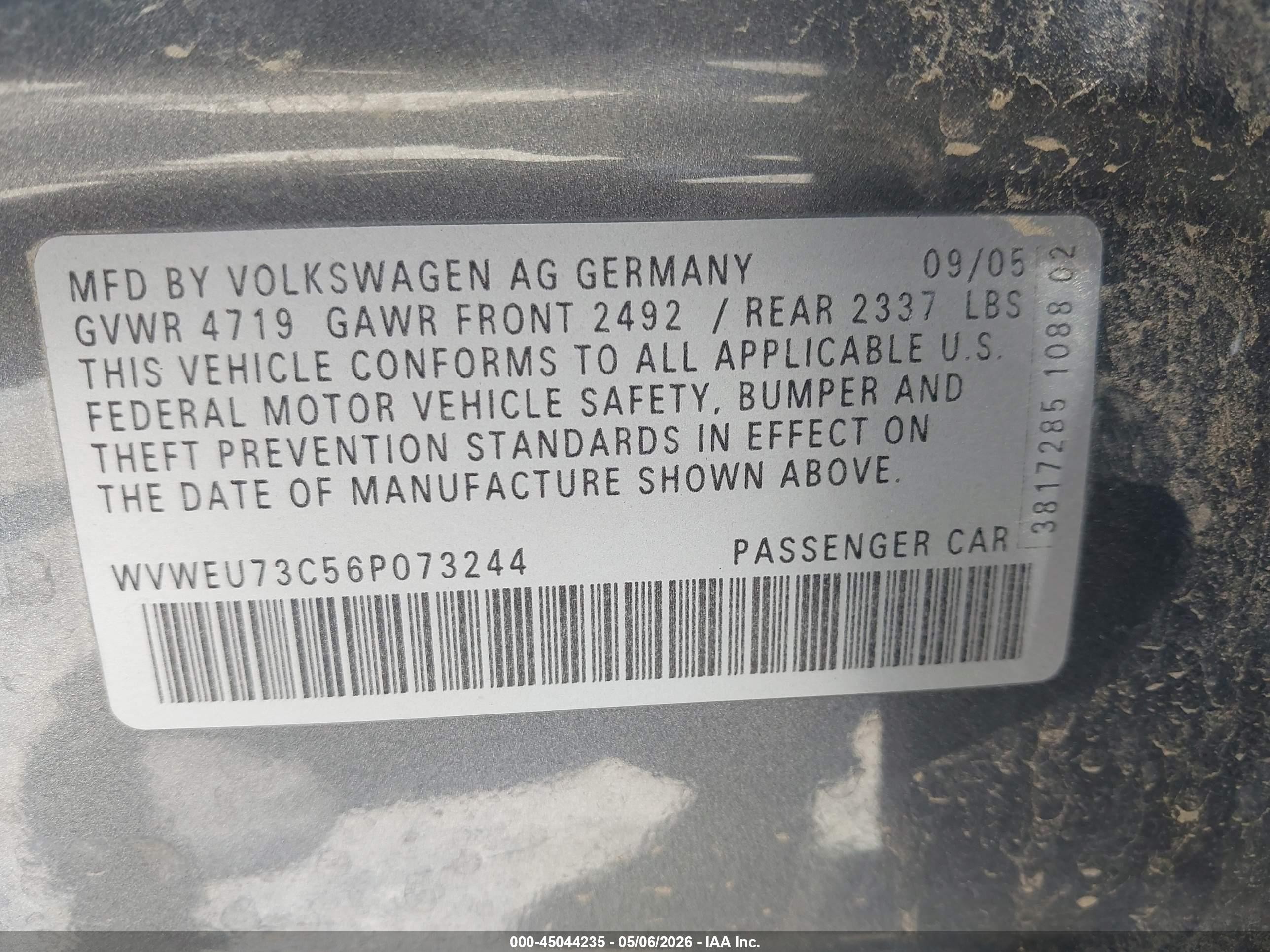 2006 Volkswagen Passat 3.6 Серый vin: WVWEU73C56P073244