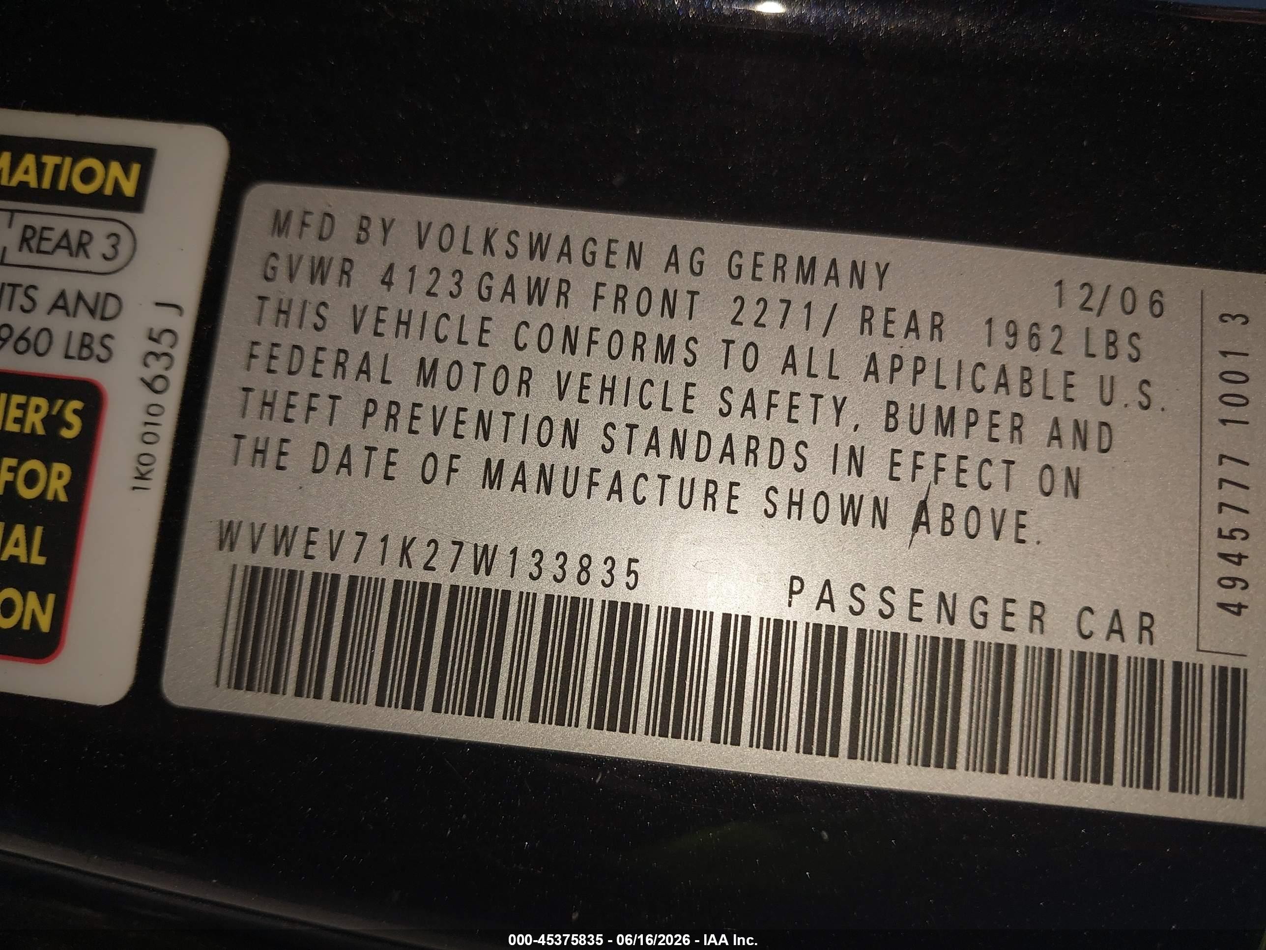 2007 Volkswagen Gti 2-door (m6) Black vin: WVWEV71K27W133835