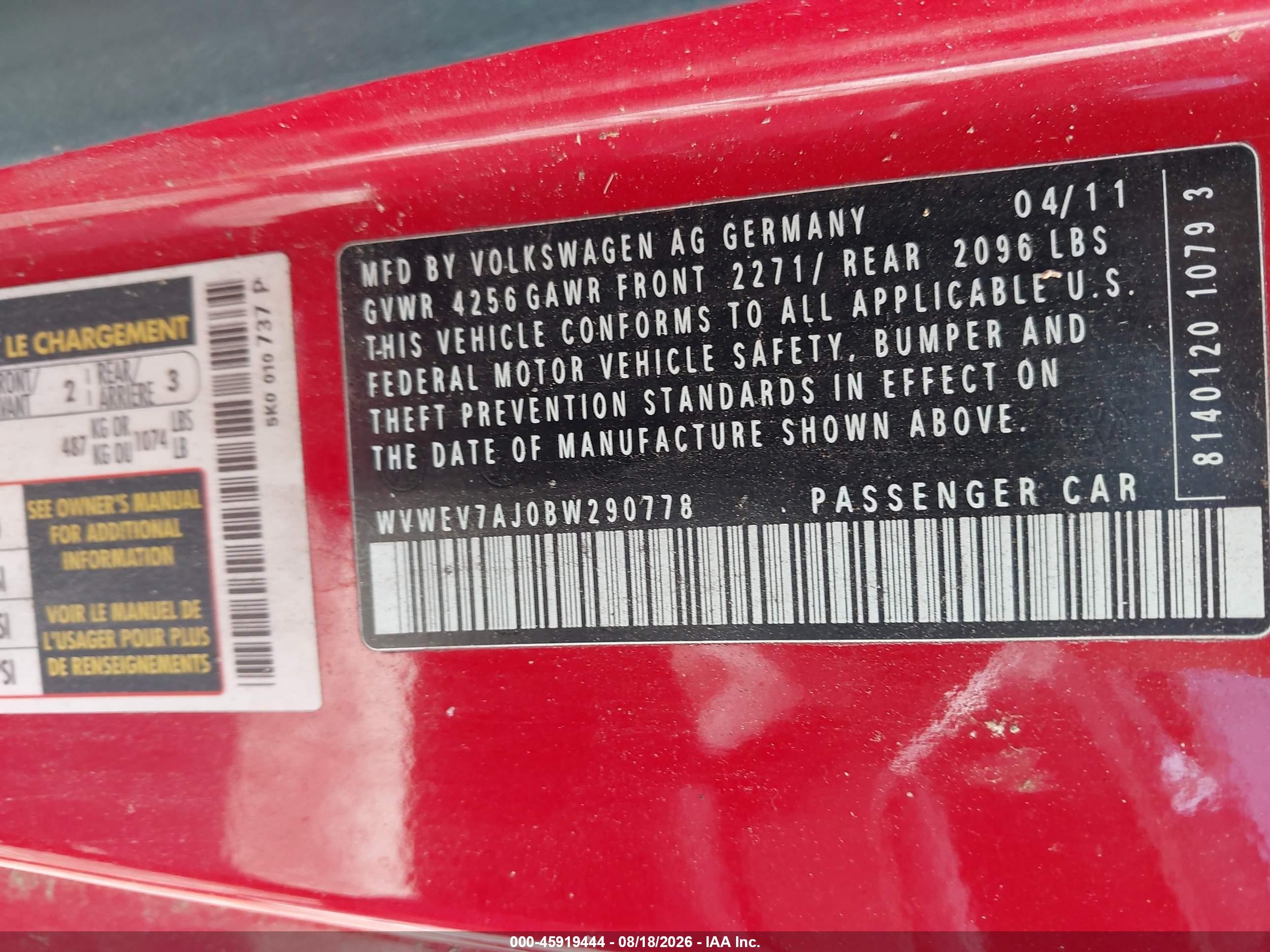 2011 Volkswagen Gti 2-door Autobahn Red vin: WVWEV7AJ0BW290778
