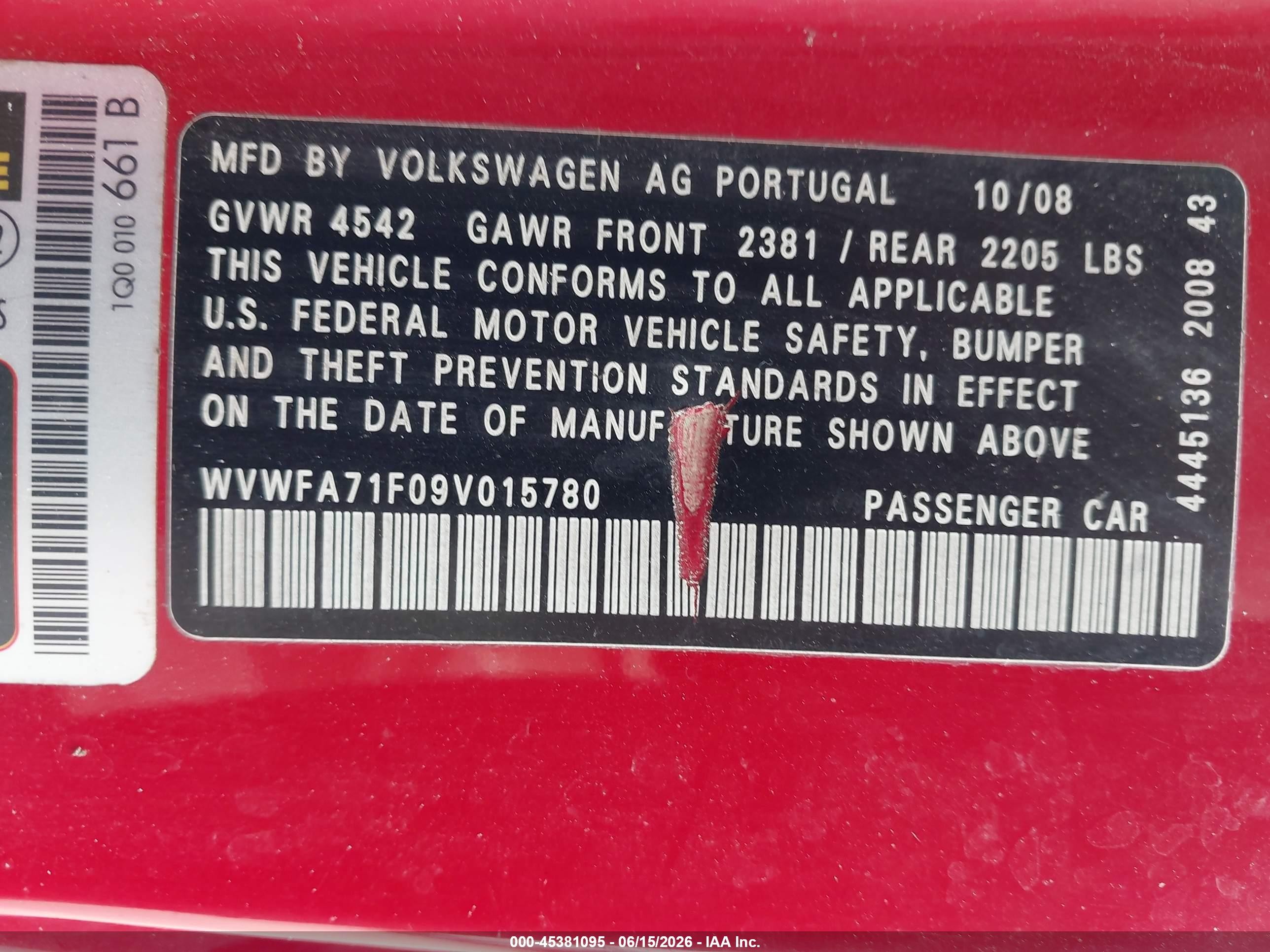 2009 Volkswagen Eos Lux Red vin: WVWFA71F09V015780