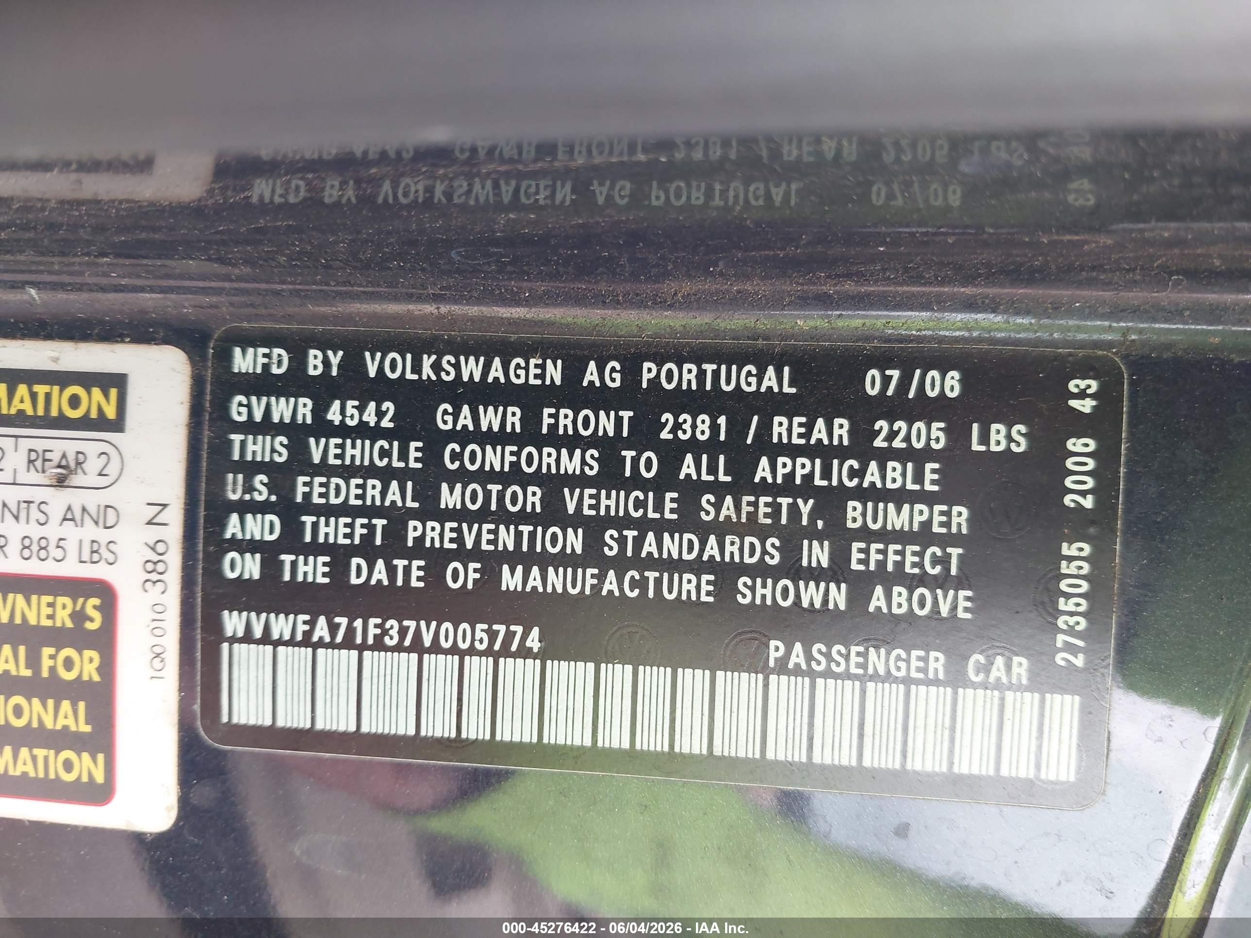 2007 Volkswagen Eos 2.0t Blue vin: WVWFA71F37V005774