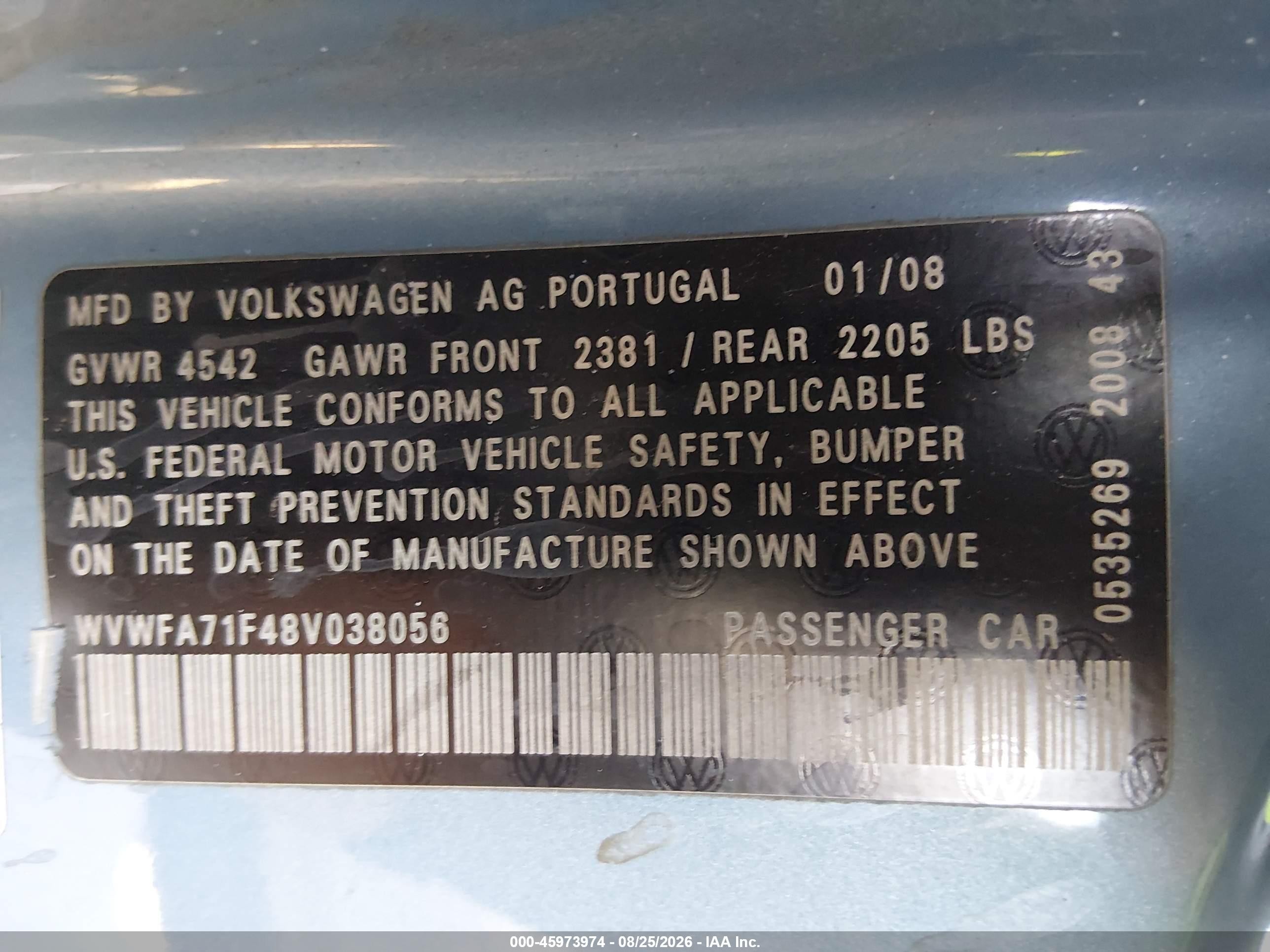 2008 Volkswagen Eos Lux Blue vin: WVWFA71F48V038056