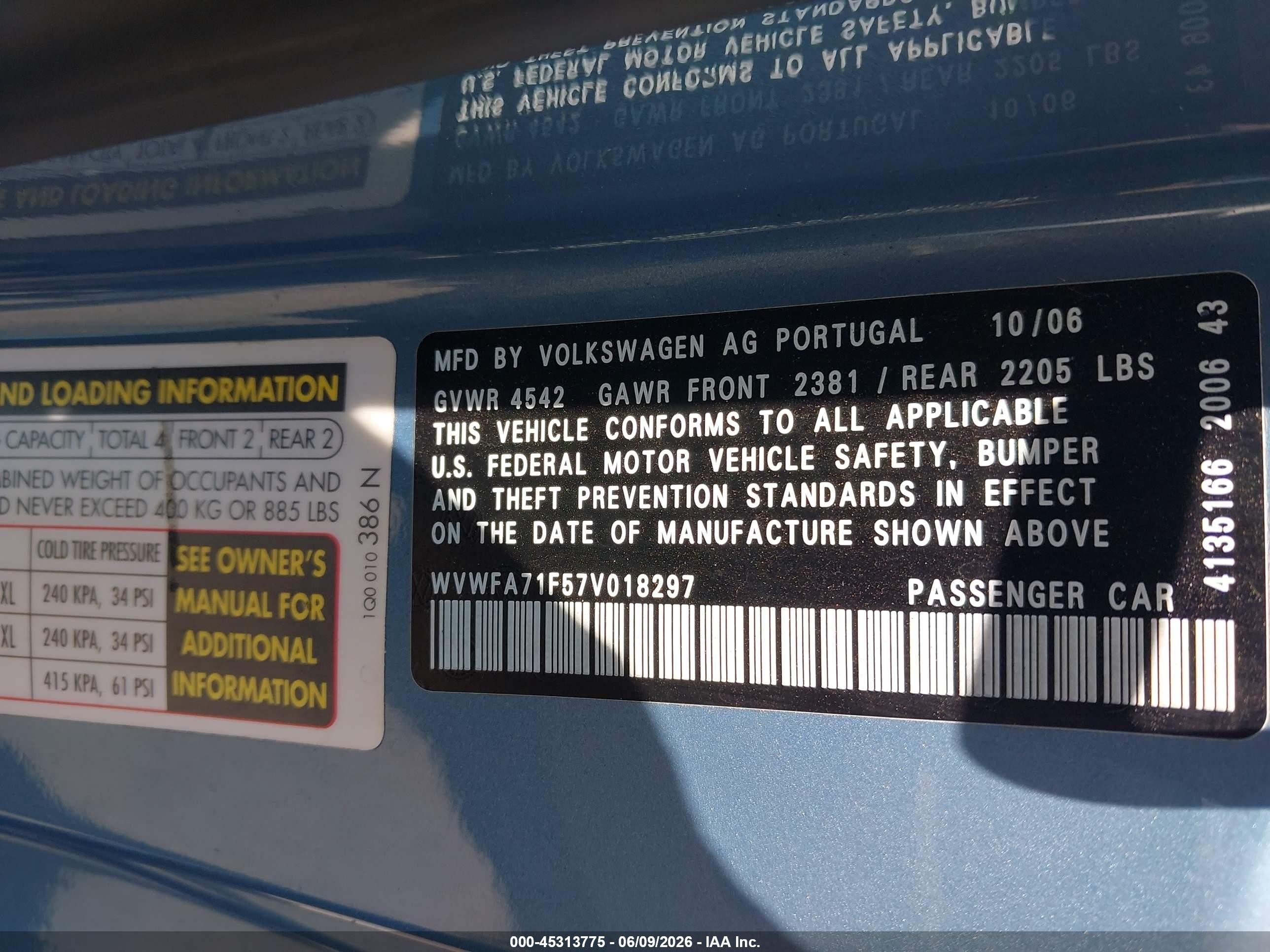 2007 Volkswagen Eos 2.0t Light Blue vin: WVWFA71F57V018297