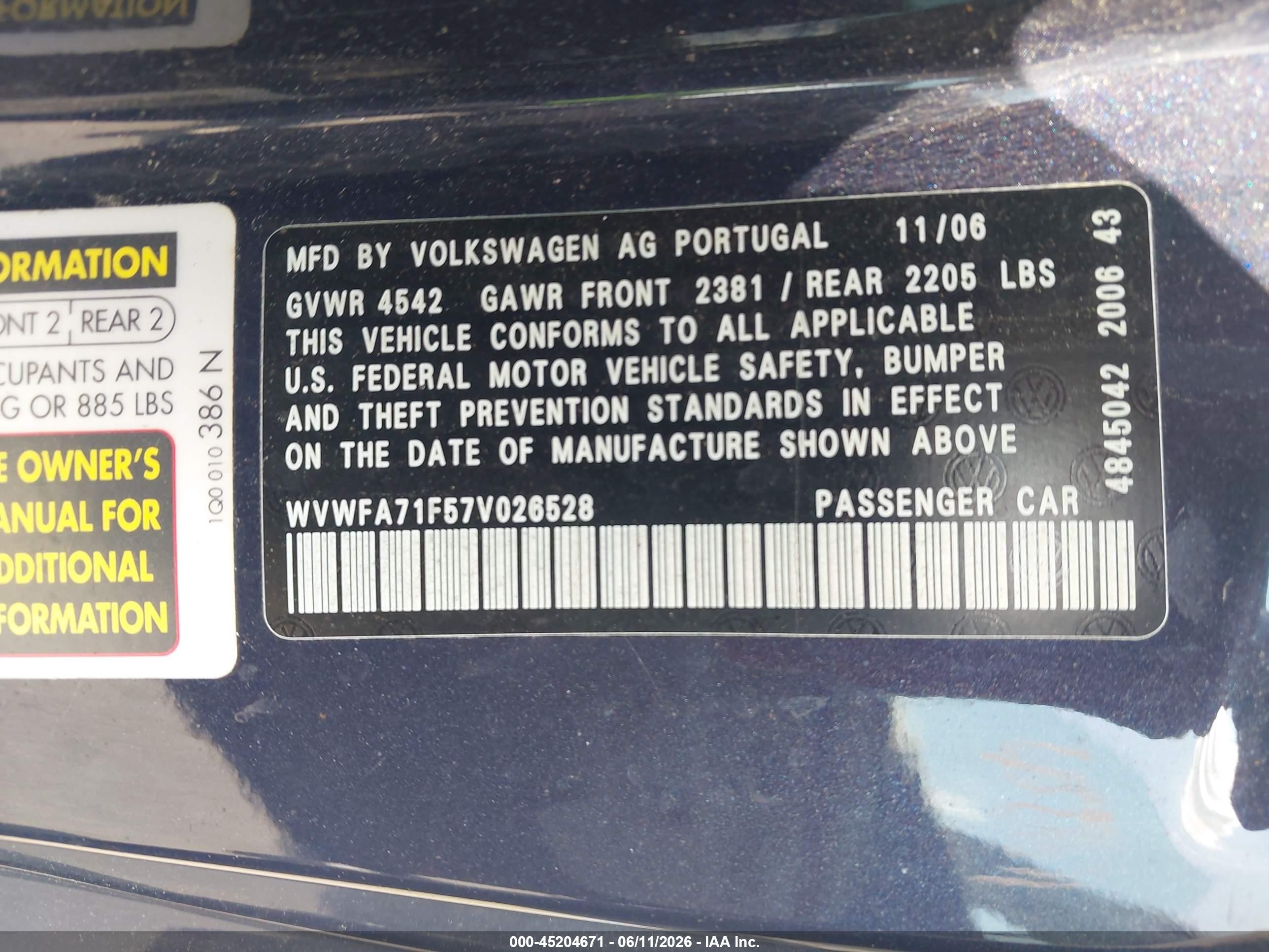 2007 Volkswagen Eos 2.0t Dark Blue vin: WVWFA71F57V026528
