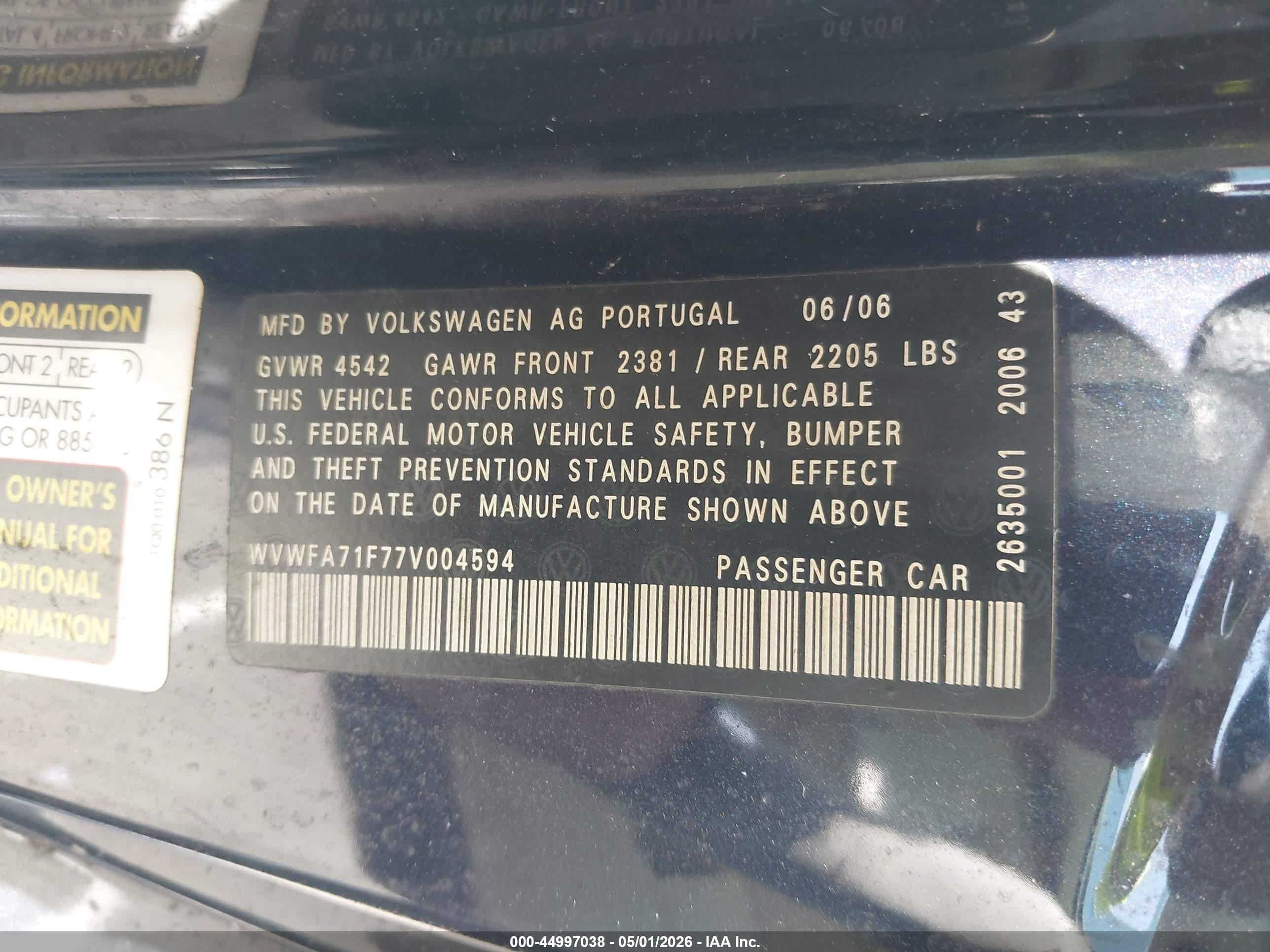 2007 Volkswagen Eos 2.0t Черный vin: WVWFA71F77V004594