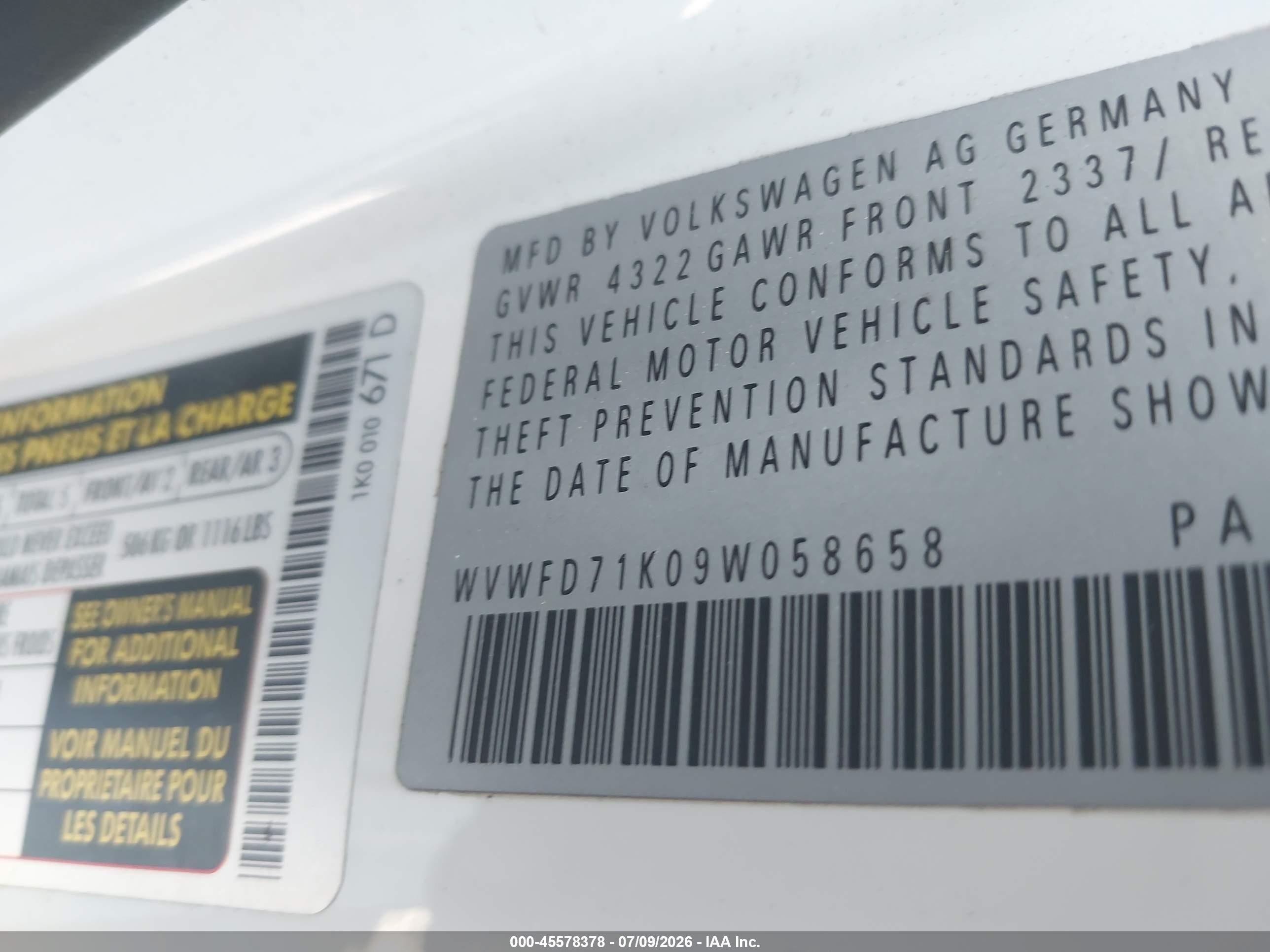 2009 Volkswagen Gti 2-door White vin: WVWFD71K09W058658