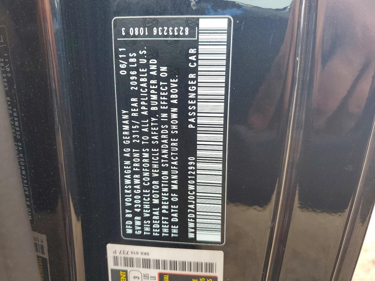 2012 Volkswagen Gti Black vin: WVWFD7AJ0CW012990