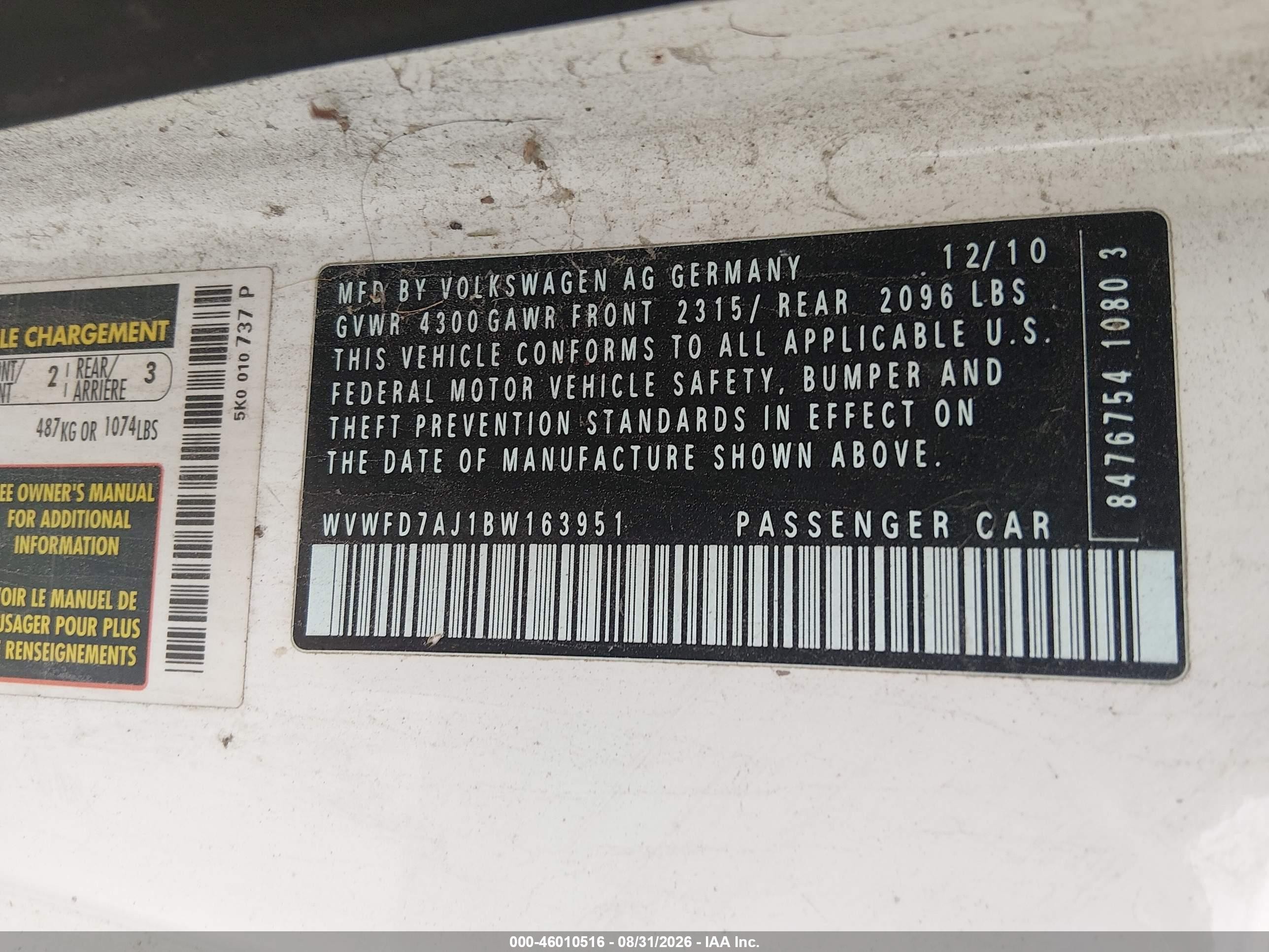 2011 Volkswagen Gti 2-door White vin: WVWFD7AJ1BW163951