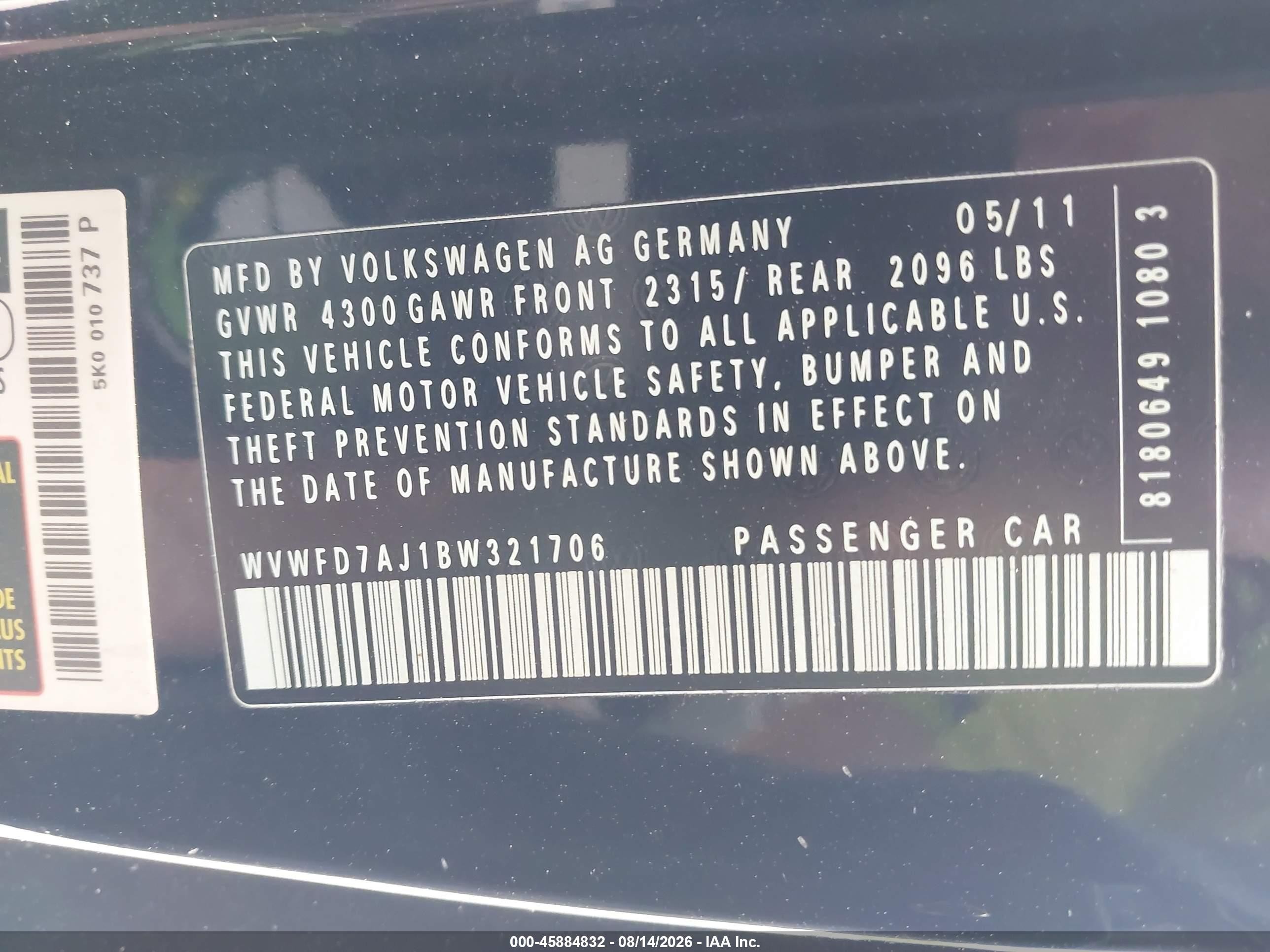 2011 Volkswagen Gti 2-door Black vin: WVWFD7AJ1BW321706