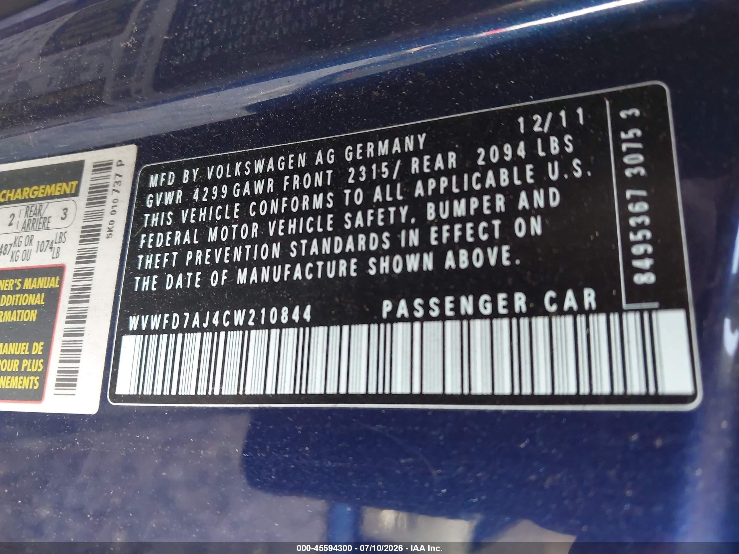 2012 Volkswagen Gti 2-door Blue vin: WVWFD7AJ4CW210844