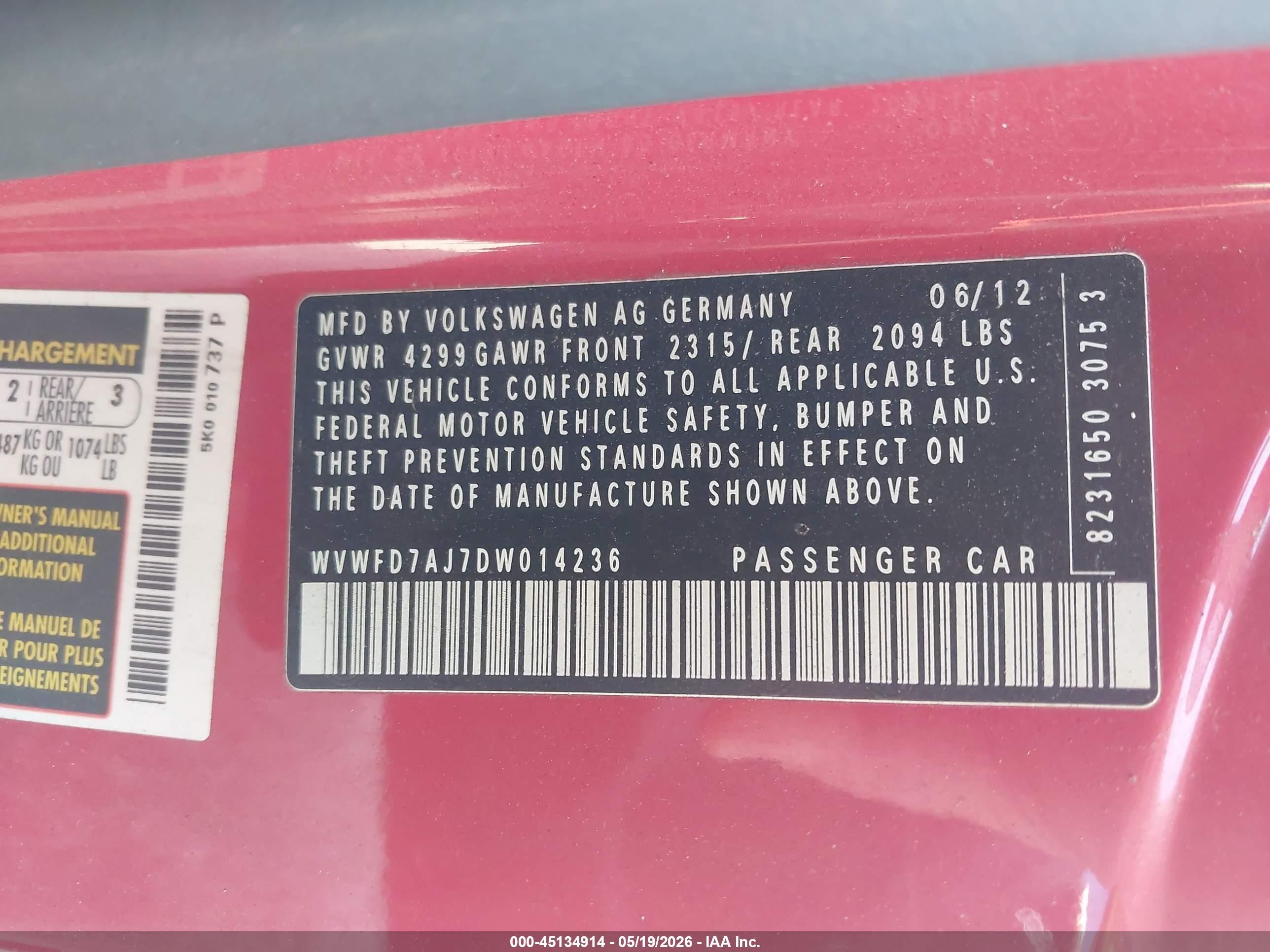 2013 Volkswagen Gti 2-door Red vin: WVWFD7AJ7DW014236