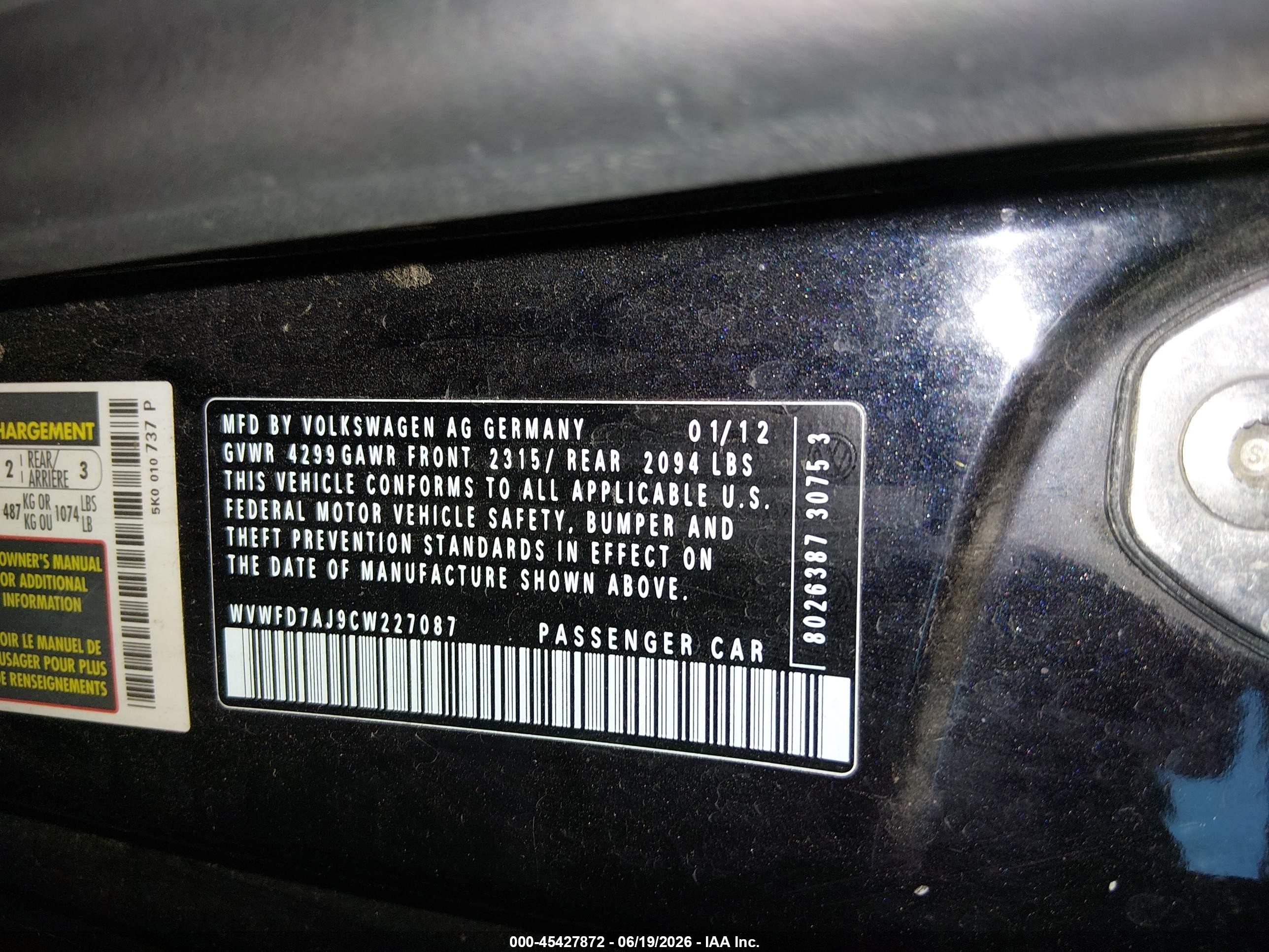 2012 Volkswagen Gti 2-door Черный vin: WVWFD7AJ9CW227087