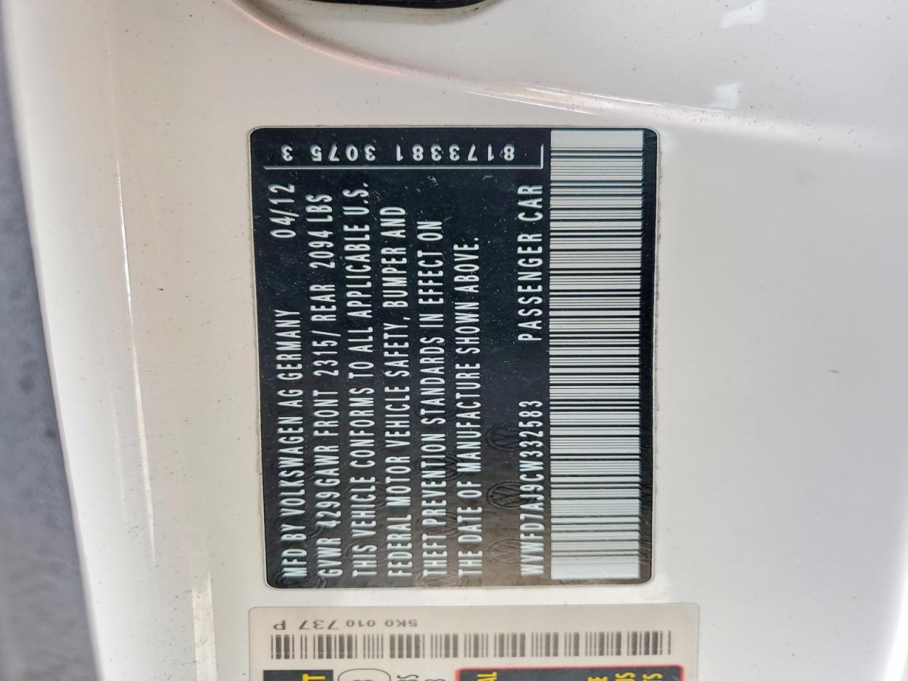 2012 Volkswagen Gti White vin: WVWFD7AJ9CW332583