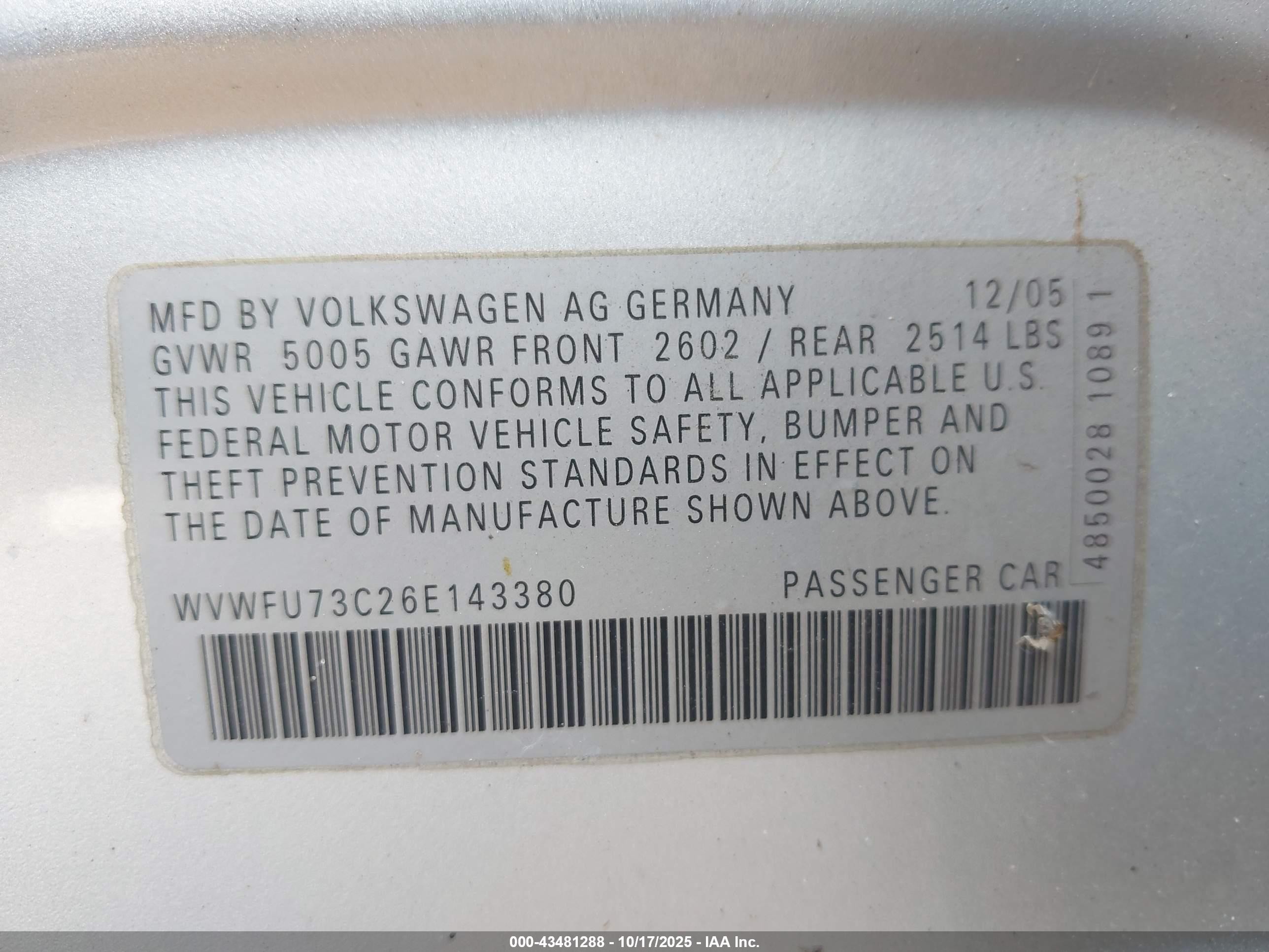 2006 Volkswagen Passat 3.6 Silver vin: WVWFU73C26E143380