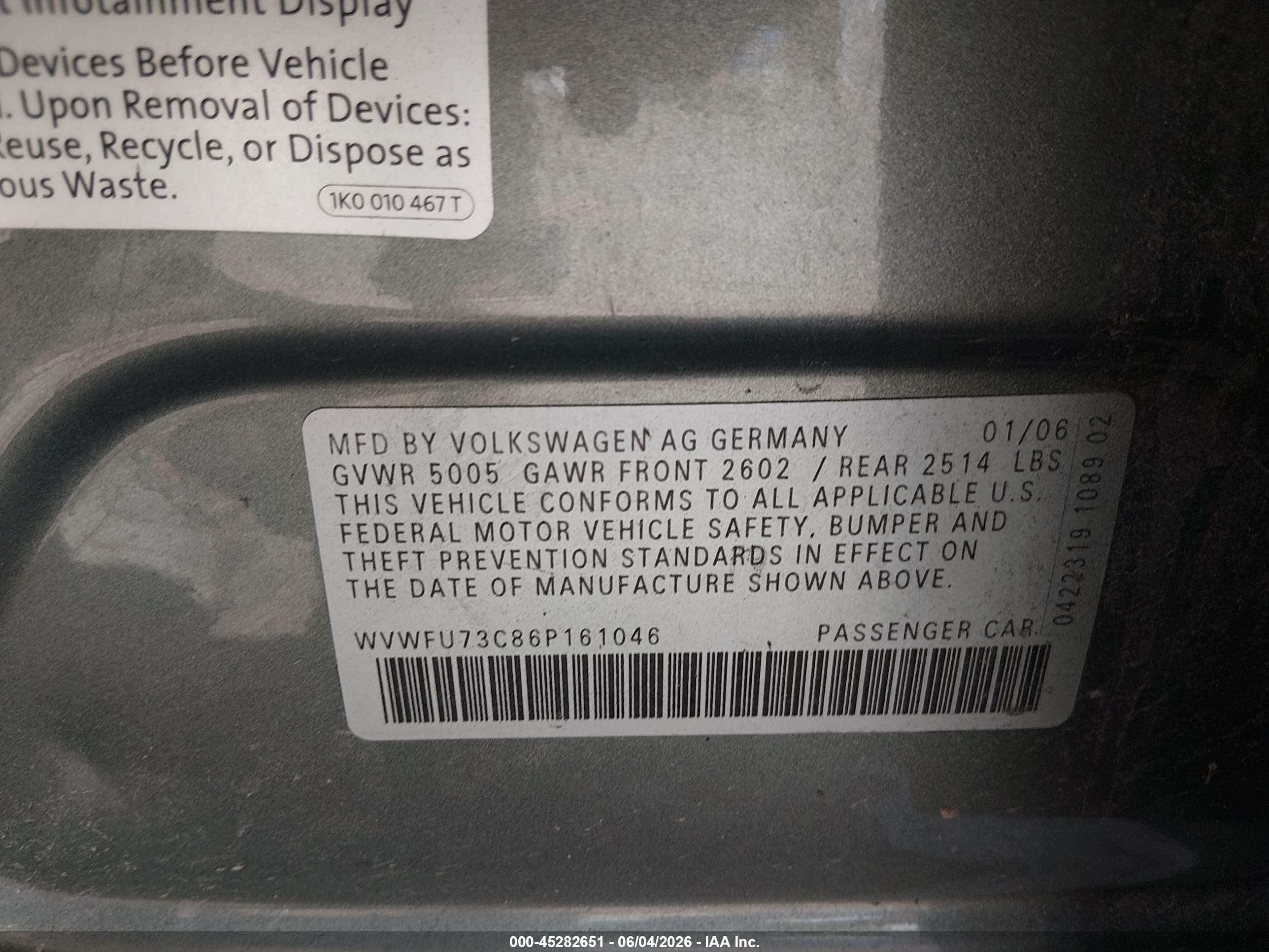 2006 Volkswagen Passat 3.6 Gray vin: WVWFU73C86P161046