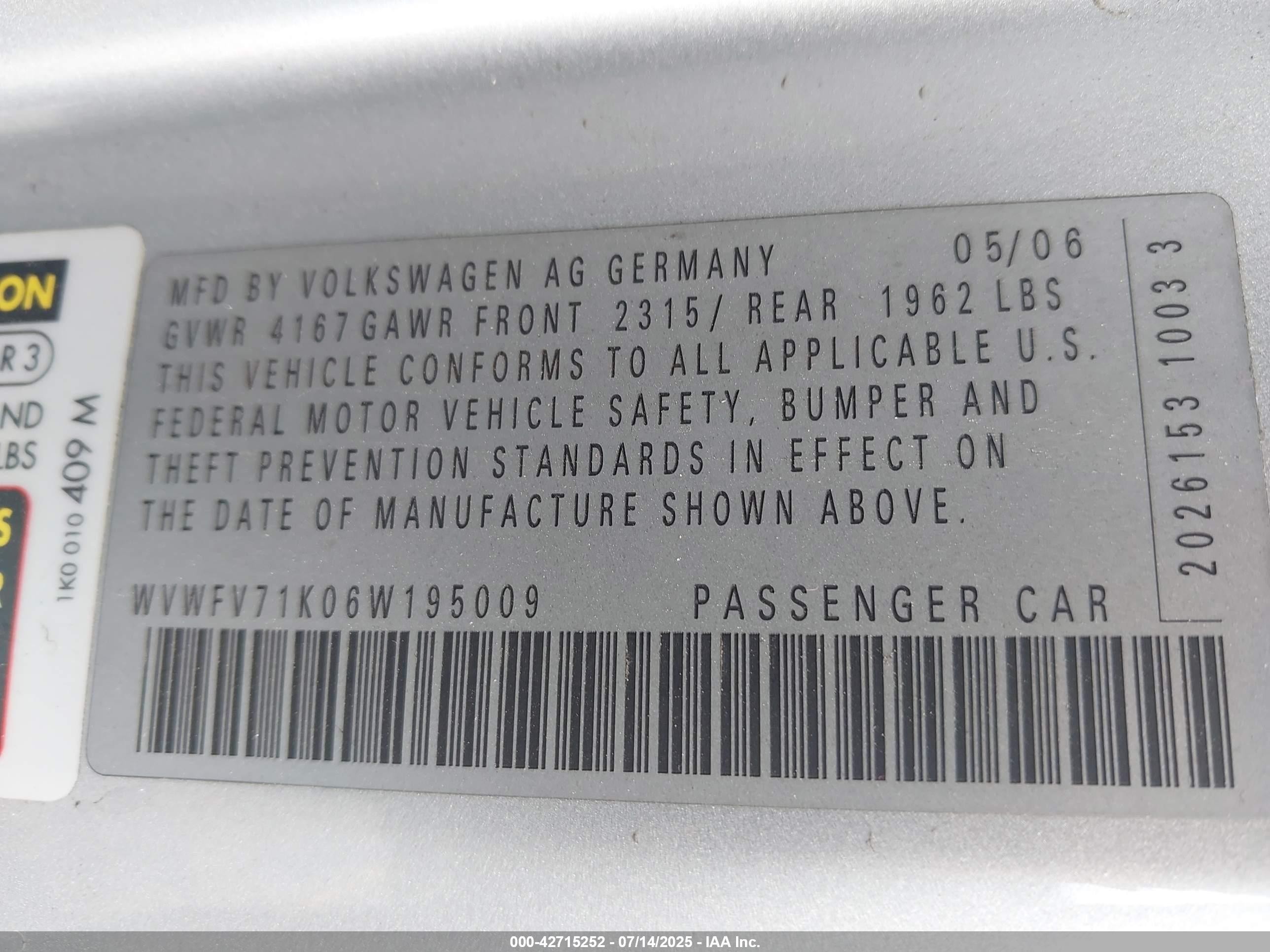 2006 Volkswagen Gti 2-door Серебряный vin: WVWFV71K06W195009