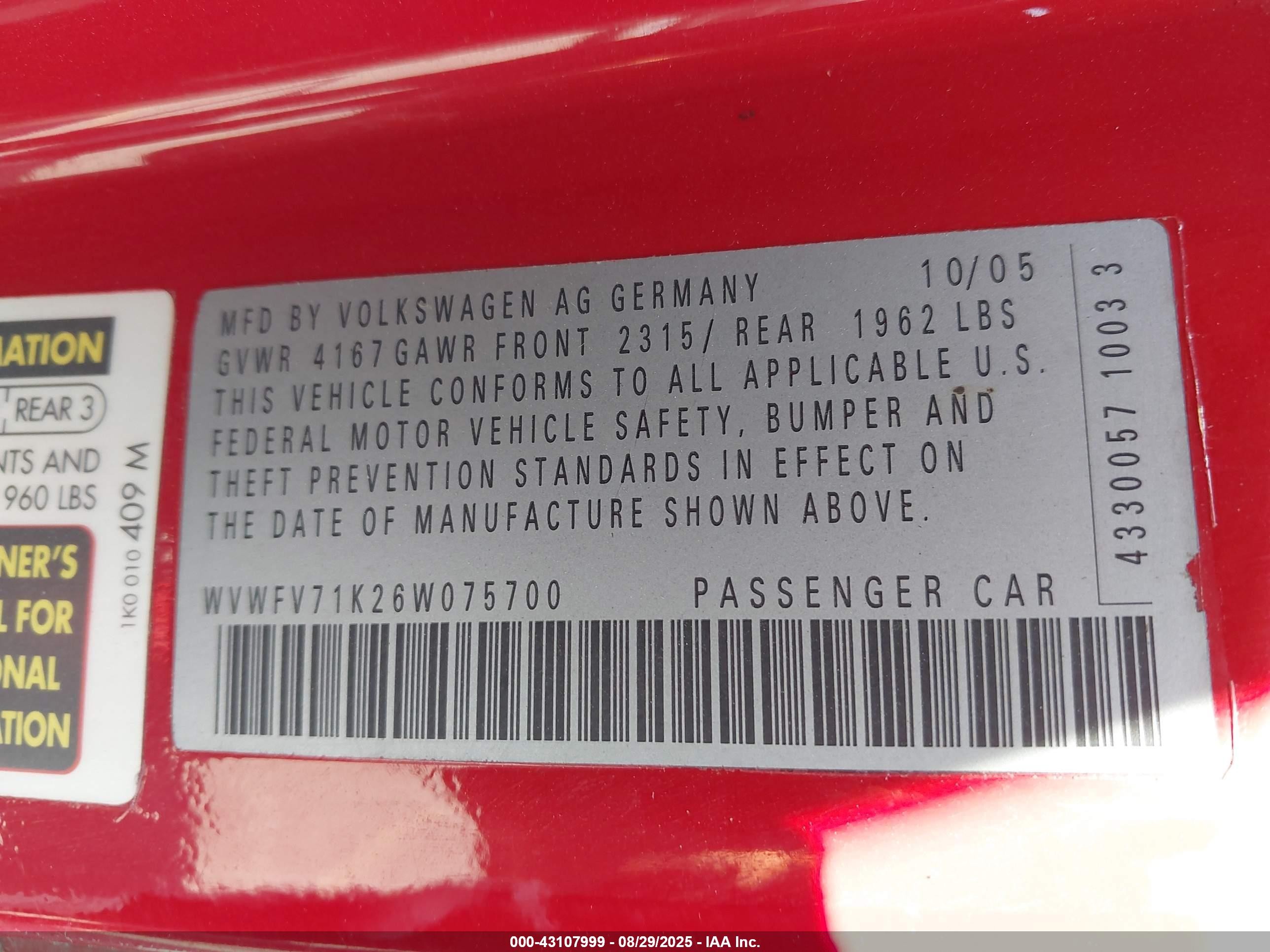 2006 Volkswagen Gti 2-door Красный vin: WVWFV71K26W075700