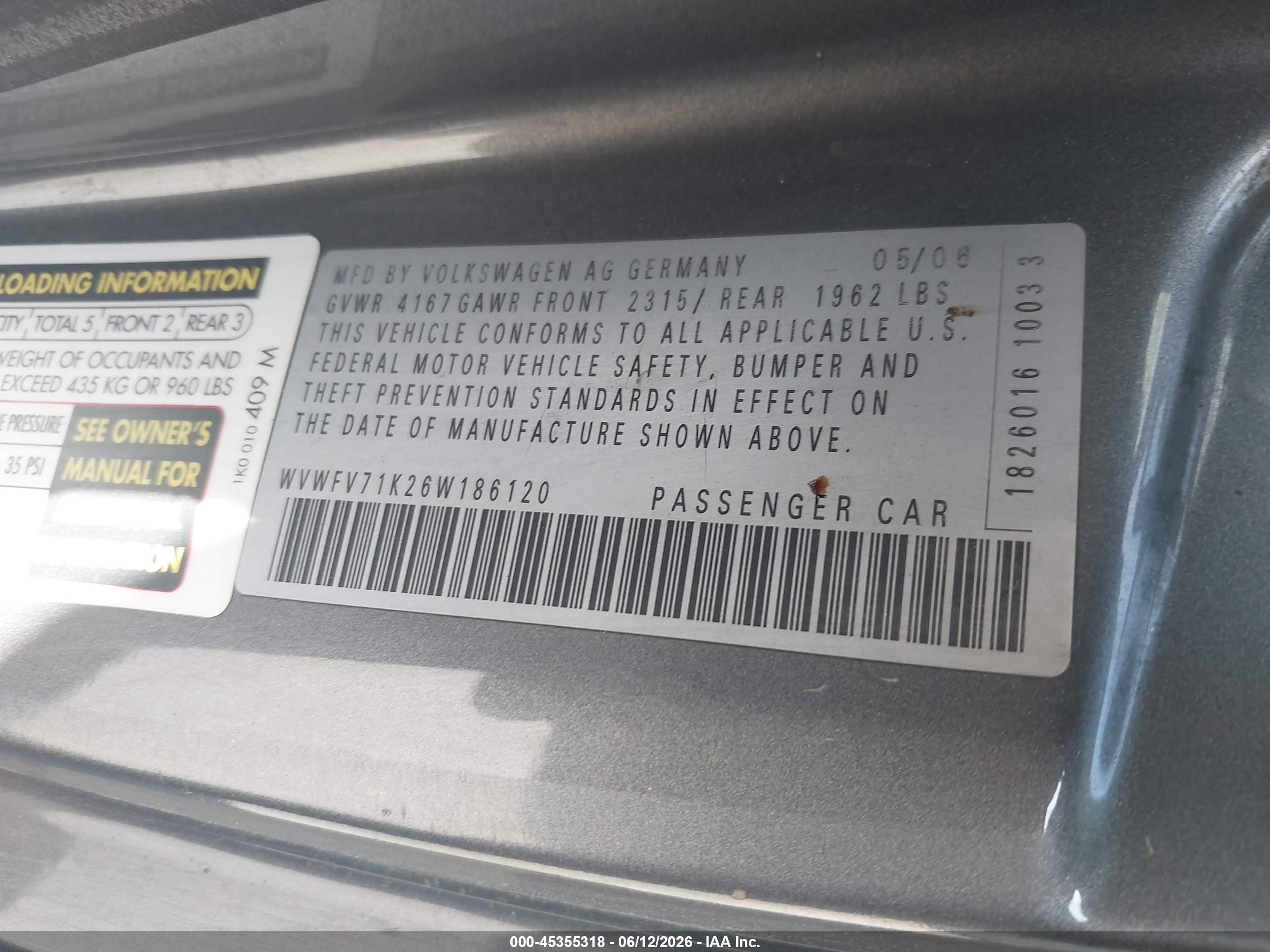 2006 Volkswagen Gti 2-door Gray vin: WVWFV71K26W186120
