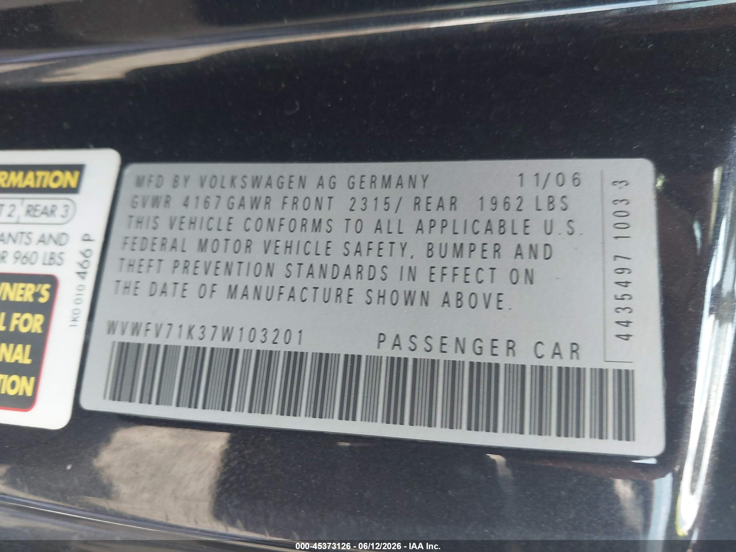 2007 Volkswagen Gti 2-door (a6)/fahrenheit Black vin: WVWFV71K37W103201