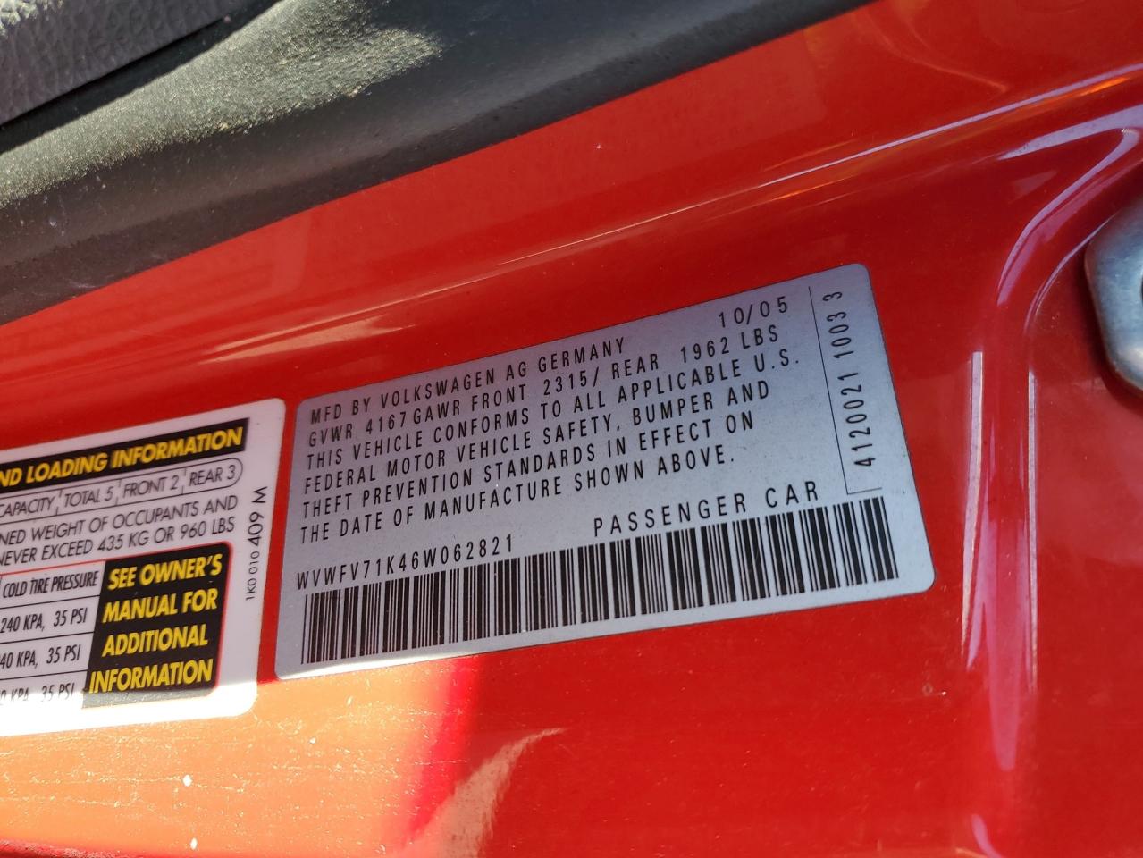 2006 Volkswagen New Gti Red vin: WVWFV71K46W062821