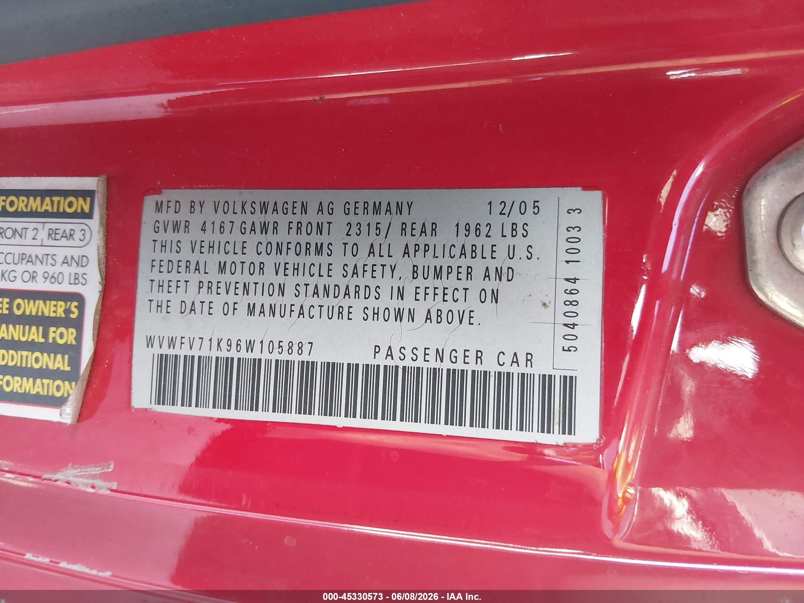 2006 Volkswagen Gti 2-door Red vin: WVWFV71K96W105887